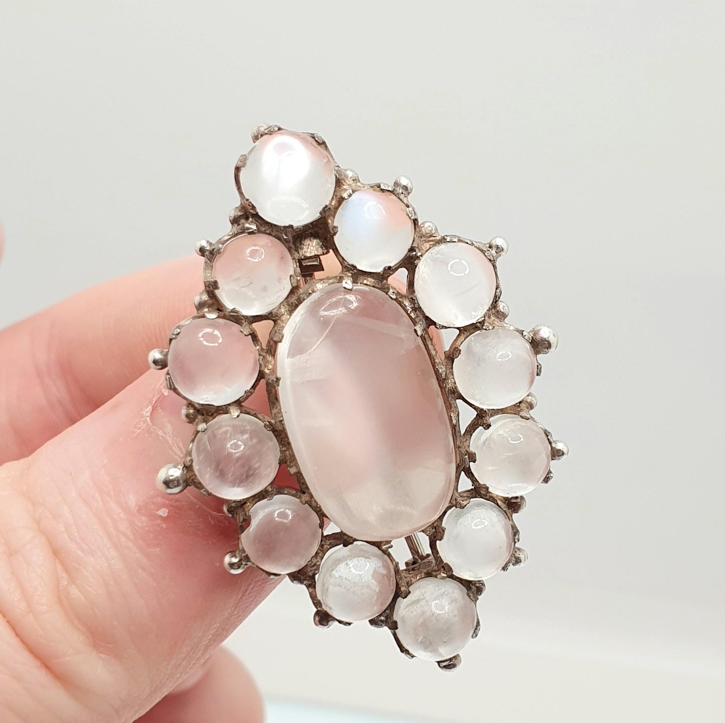 Antique Solid Silver Moonstone Brooch Victorian Large Cluster Halo Big Cabochon Cut Vintage Blue Adularescence Womens Jewelry Jewellery