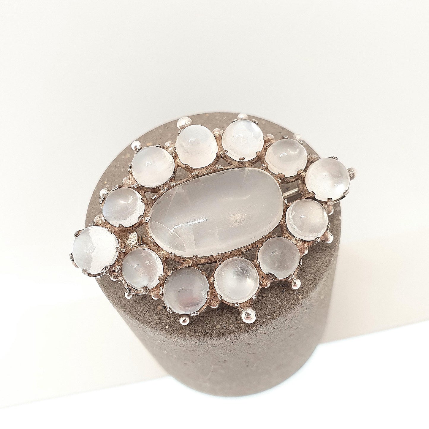 Antique Solid Silver Moonstone Brooch Victorian Large Cluster Halo Big Cabochon Cut Vintage Blue Adularescence Womens Jewelry Jewellery