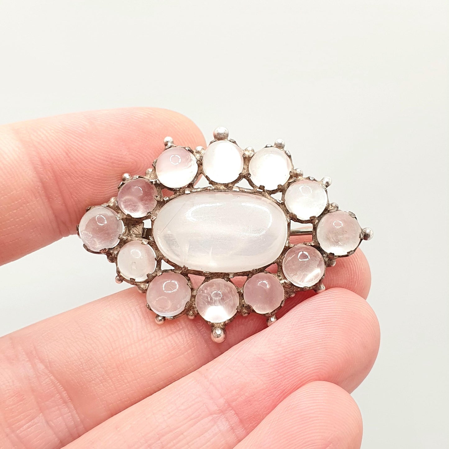 Antique Solid Silver Moonstone Brooch Victorian Large Cluster Halo Big Cabochon Cut Vintage Blue Adularescence Womens Jewelry Jewellery