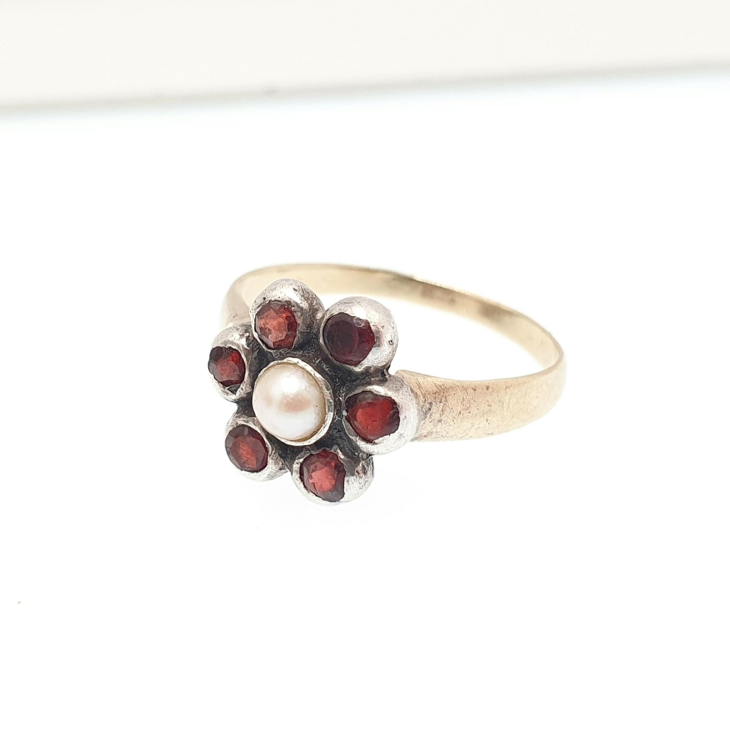 Antique Victorian 14k Gold Garnet & Pearl Ring Solid Silver 14kt 585 Halo Cluster 1800s Vintage Estate Fine Womens Jewelry Jewellery