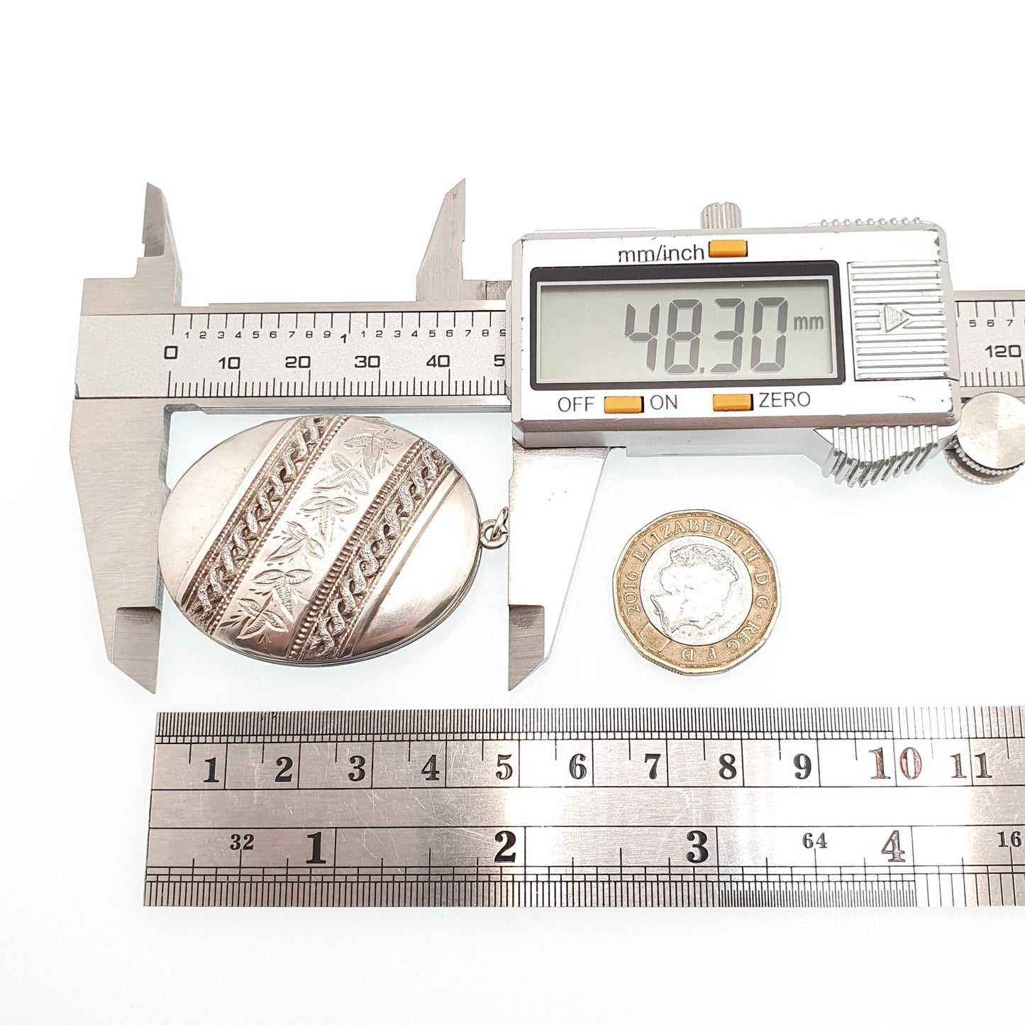 Antique Victorian Locket Silver Plate Large Big Ivy Leaf Pattern Floral Necklace Pendant Genuine 1800s Picture Photo Oval Vintage Jewellery