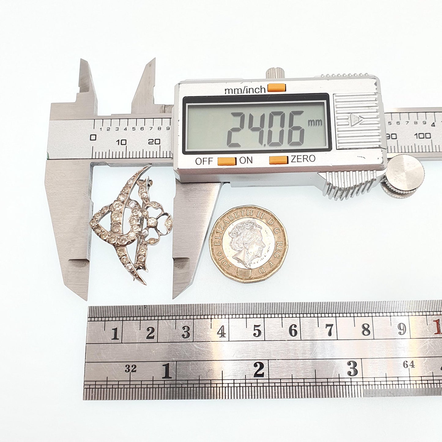 Antique Victorian Heart Solid Silver Brooch Crescent Moon Bow Diamond Paste Winged Vintage 1800s Art Nouveau Celestial Jewelry Jewellery