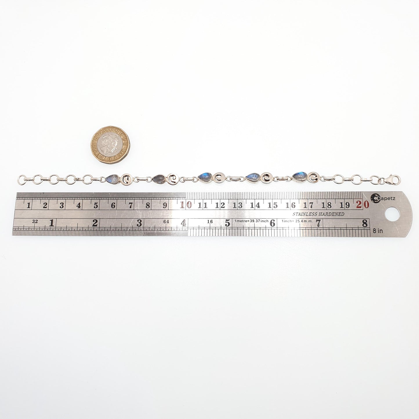 Vintage Sterling Silver Labradorite Bracelet Pear Cabochon Cut Solid 925 Aduralescene Gemstone 20cm Ladies Womens Jewelry Retro Jewellery