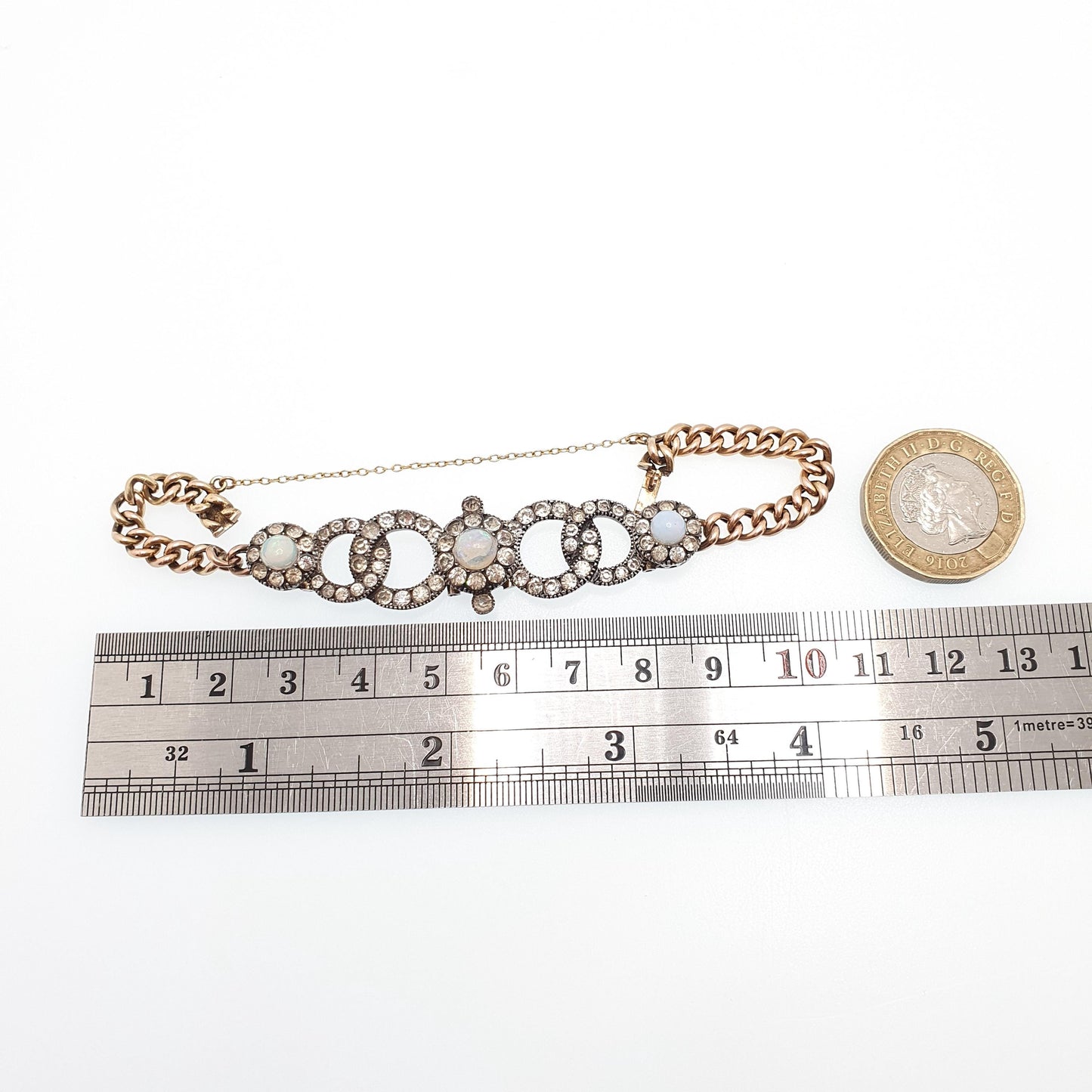 Antique Victorian 9ct Gold Opal Bracelet Diamond Paste Solid Silver Setting Solid 9k 375 Curb Link 1800s Vintage Jewelry Jewellery Womens