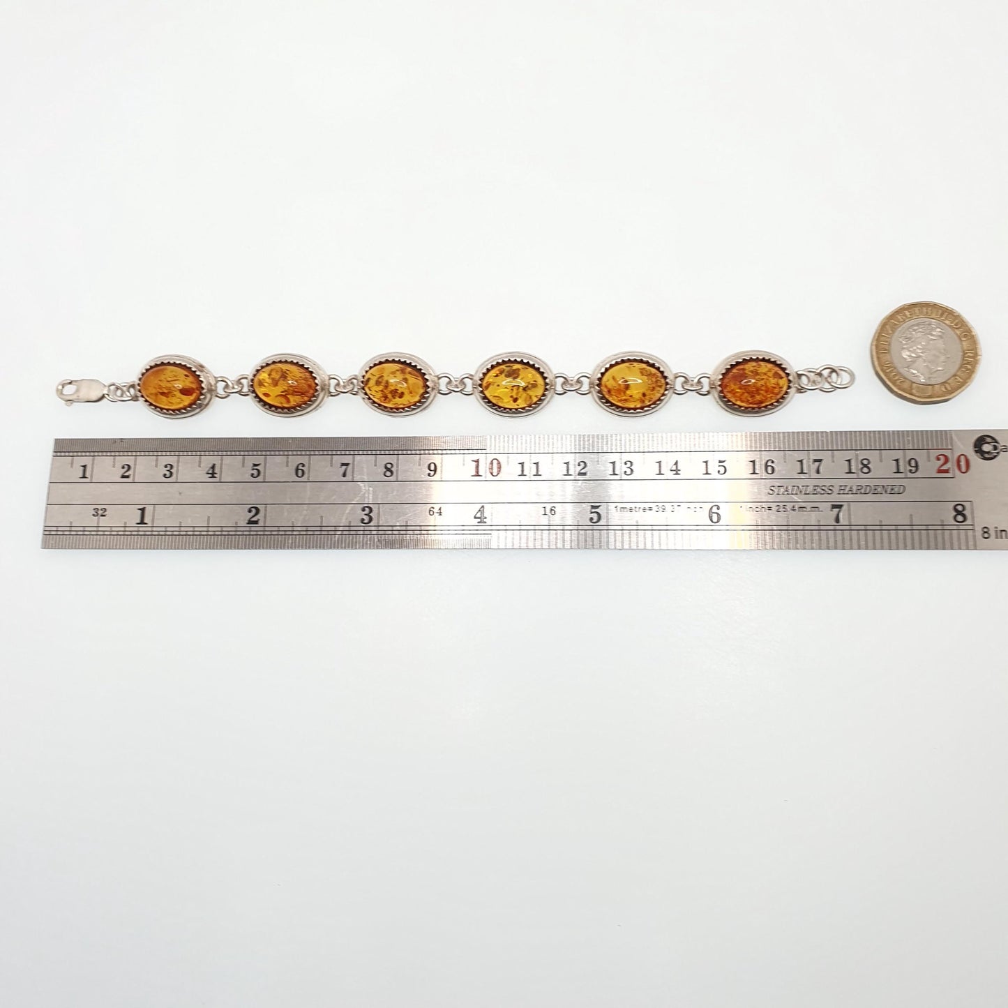 Vintage Sterling Silver Amber Bracelet Large Orange Baltic Gemstone Modernist Genuine 28.04g Real Oval Solid 925 Womens Jewellery Jewelry