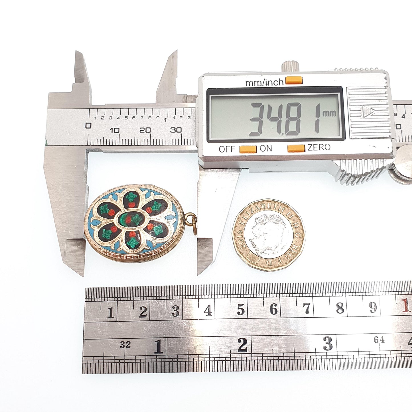 Antique Victorian 9ct 9k Gold Locket Enamel Necklace Pendant Blue Black Green Large Big Solid Back & Front Engraved Womens Jewelry Jewellery