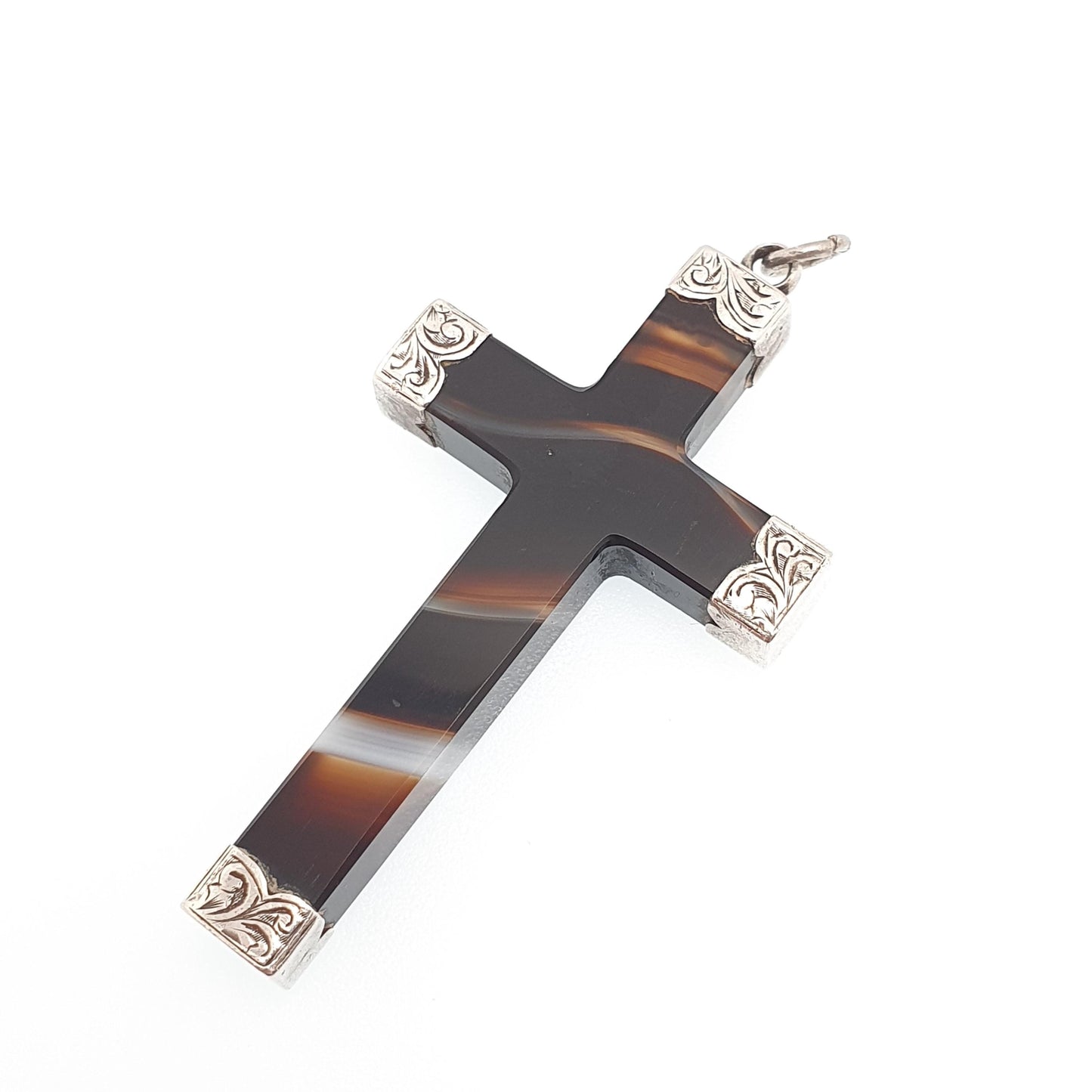 RESERVED/SOLD DON Antique Victorian Solid Silver Agate Crucifix Necklace Pendant Large Big Huge Striped Banded Cross Quartz Jewelry