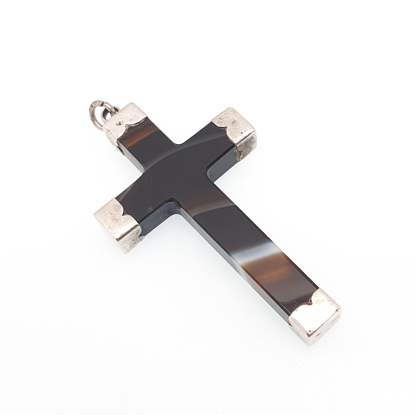RESERVED/SOLD DON Antique Victorian Solid Silver Agate Crucifix Necklace Pendant Large Big Huge Striped Banded Cross Quartz Jewelry