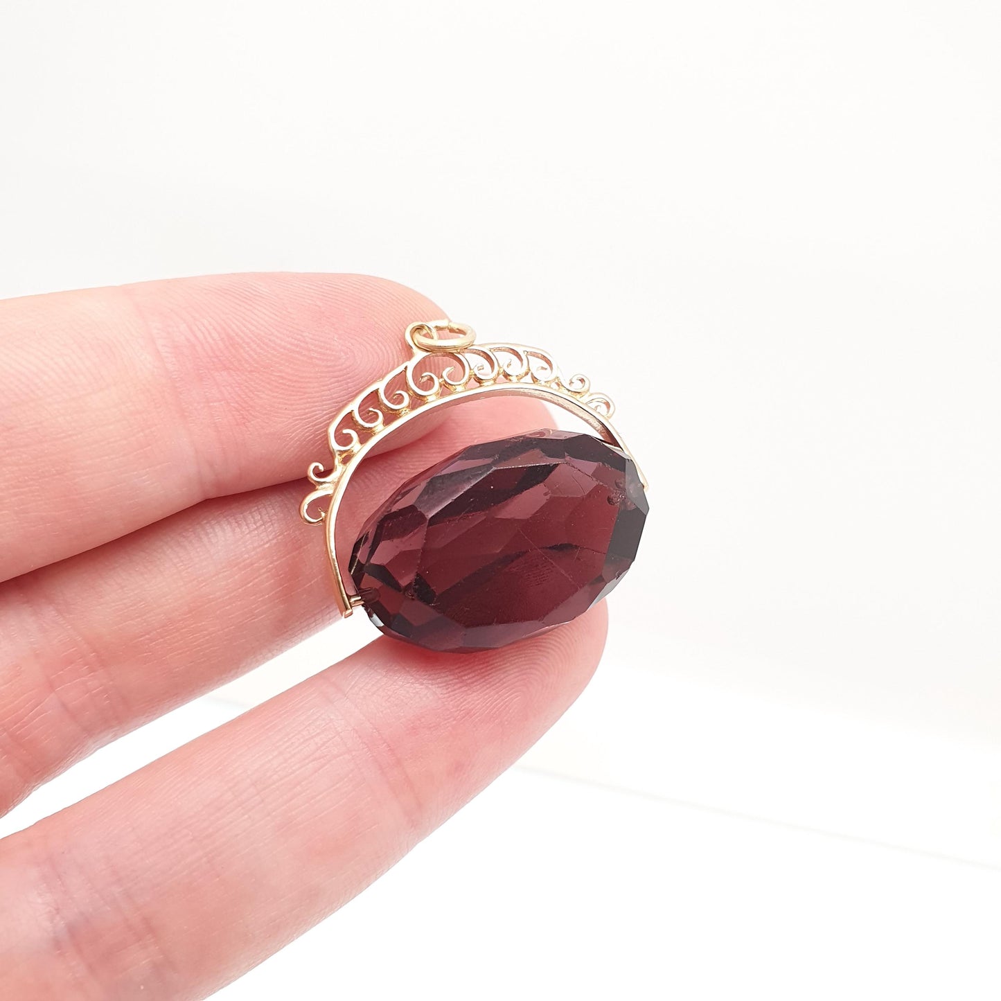Vintage 9ct 9k Gold Spinner Fob Pendant Amethyst Paste Large Big Victorian Revival Hallmark Necklace Solid 375 Womens Jewelry Jewellery