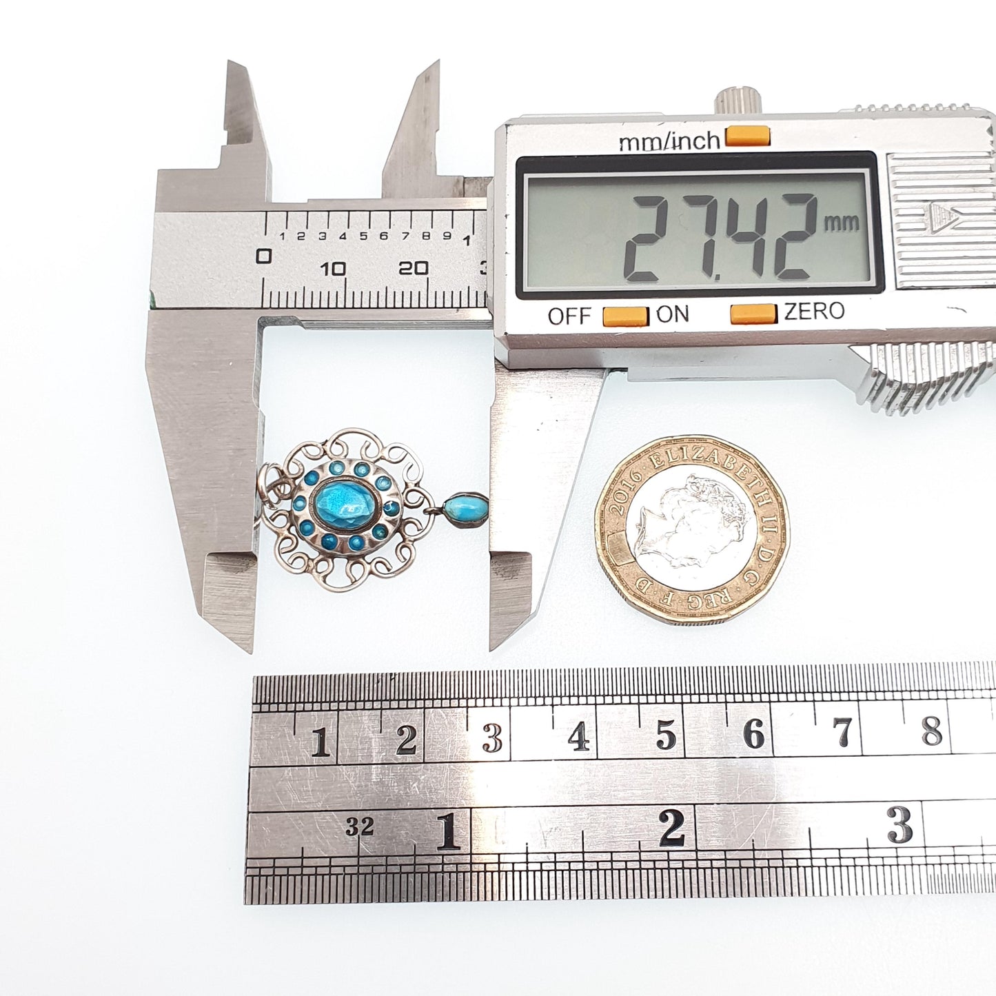 Antique Solid Silver Enamel Pendant Art Nouveau Necklace Sky Blue Champleve Arts and Crafts Flower Shape Hanging Vintage Jewellery Jewelry