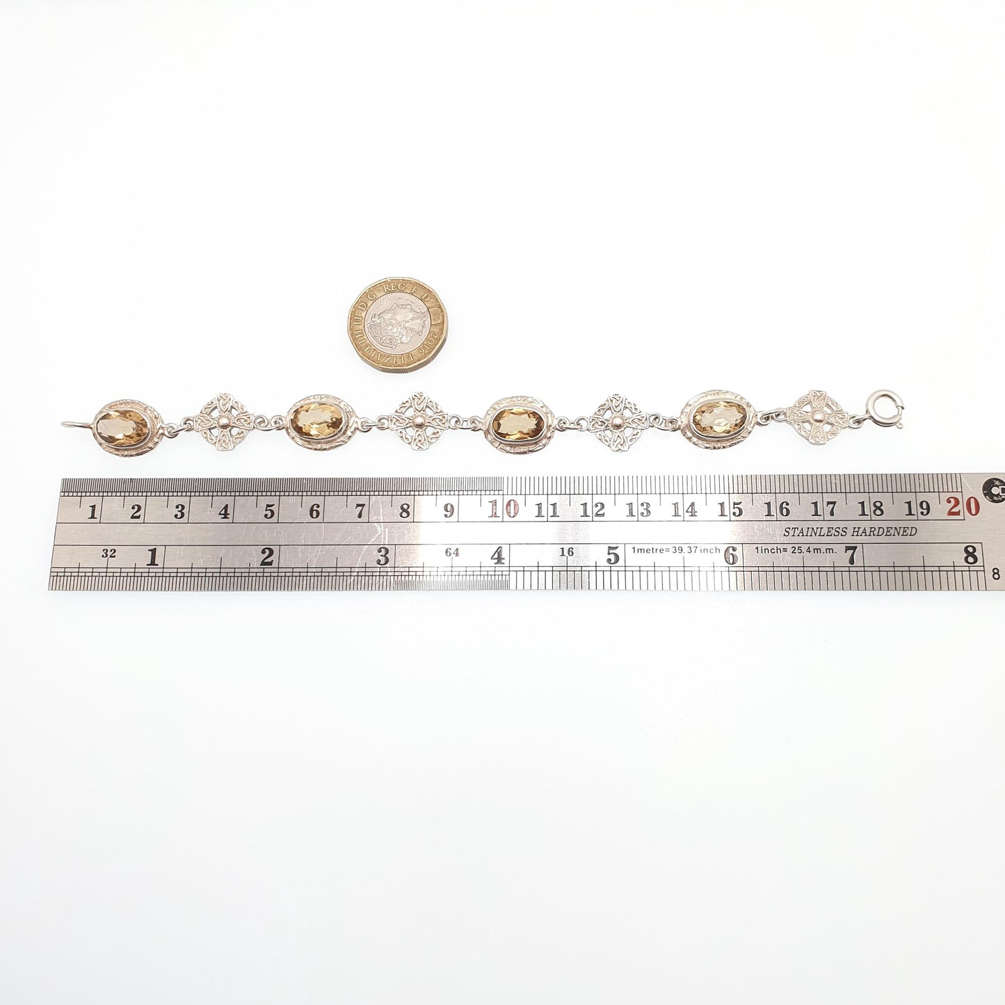 Antique Citrine Sterling Silver Bracelet Scottish Celtic Cross Genuine Gemstone Gaelic Scotland Ladies Vintage Womens Jewelry Jewellery