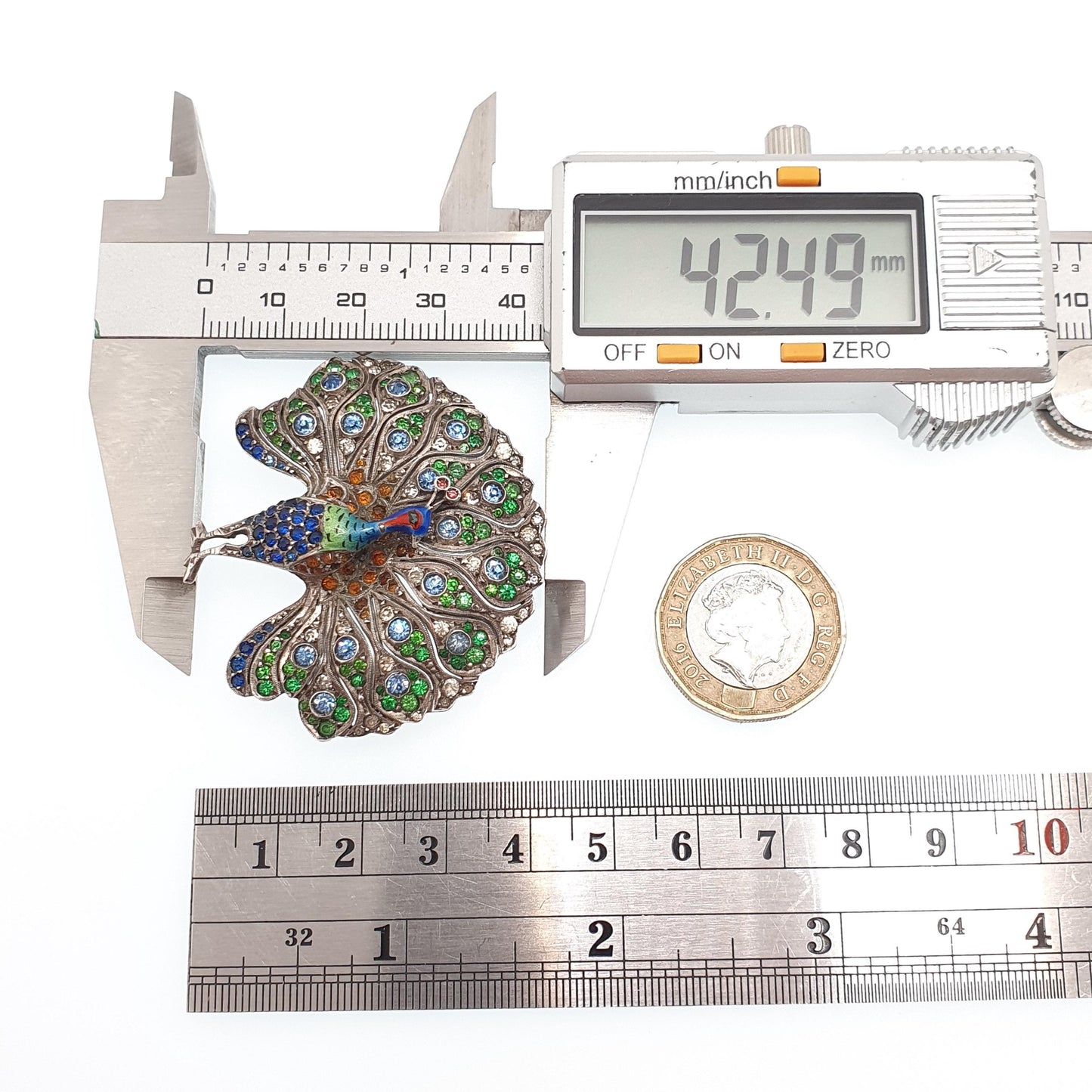 Antique Solid Silver Peacock Bird Brooch Enamel Art Deco Multi Coloured Paste 1920s Animal Large Big Colourful Womens Jewelry Jewellery