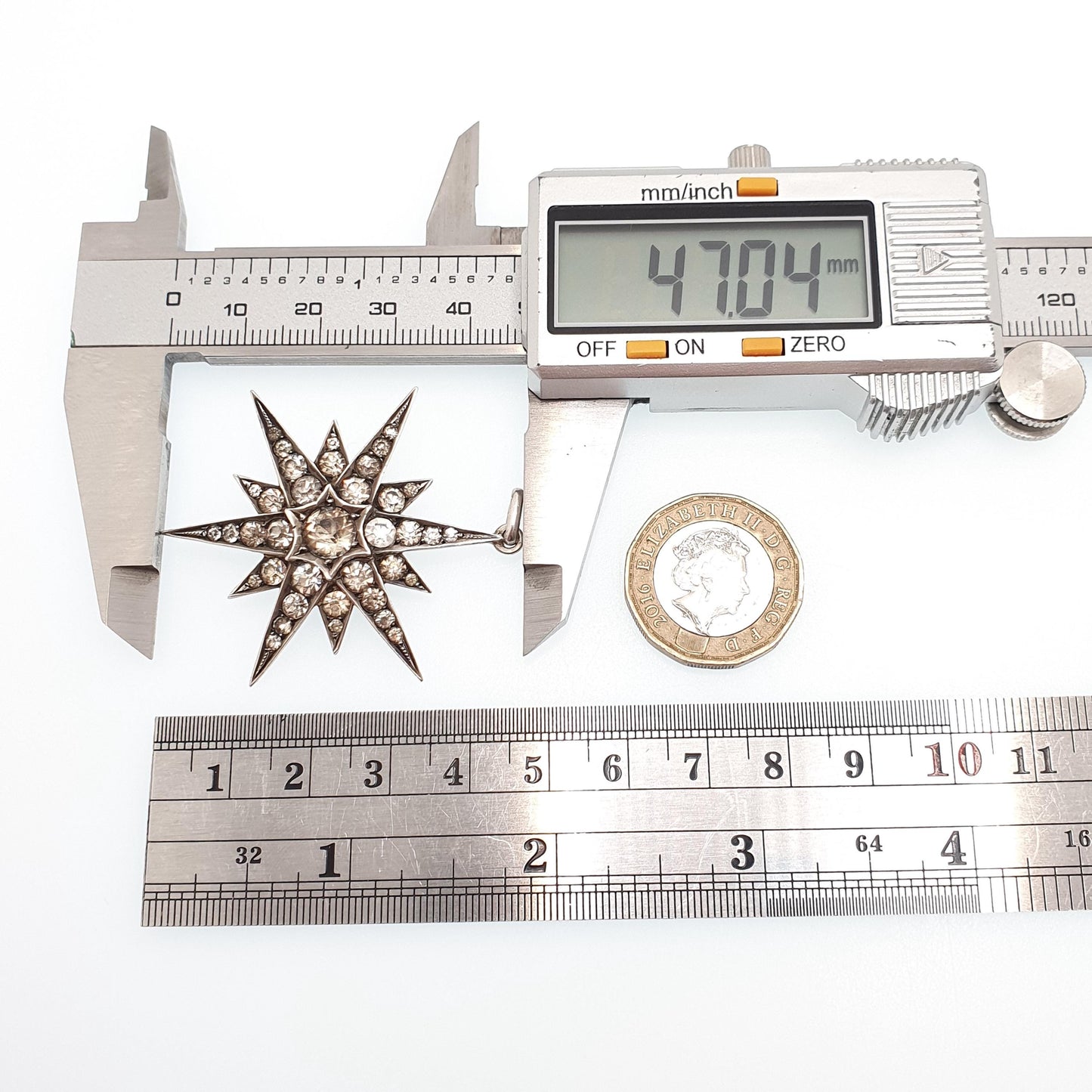 Antique Victorian Solid Silver Diamond Paste Star Pendant Necklace North Star Large Vintage 1800s Moon Night Womens Jewelry Jewellery