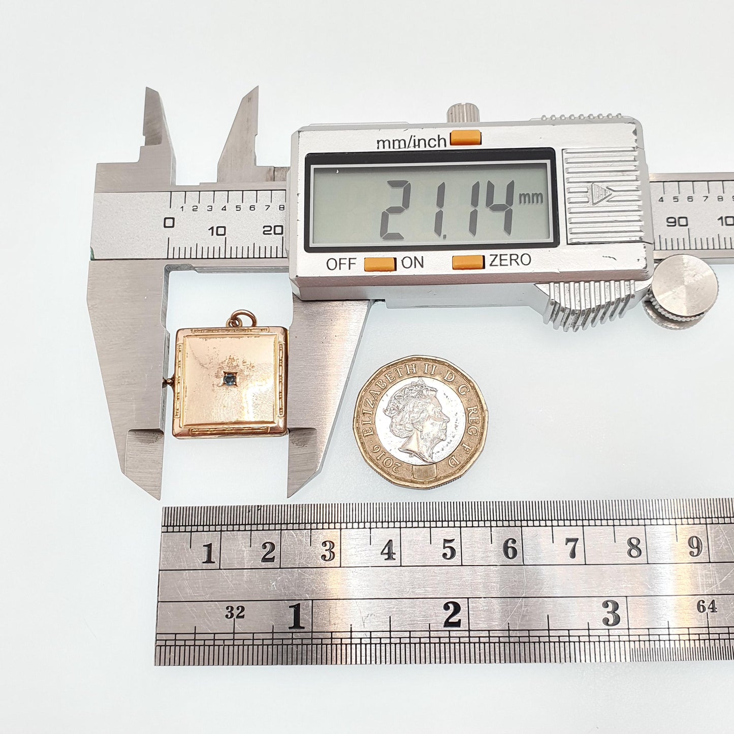 Antique Rolled Gold Square Locket Sapphire Paste Necklace Pendant Gold Filled Geometric Pattern Border Vintage Womens Jewellery Jewelry