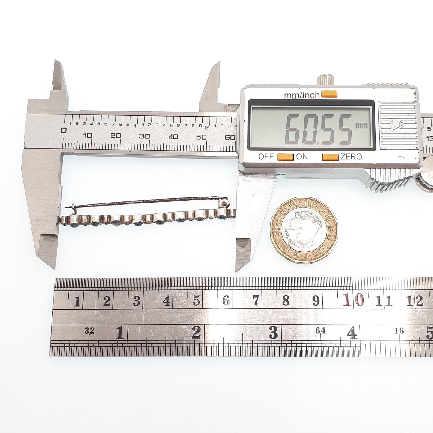 Antique Solid Silver Sapphire & Diamond Paste Brooch Victorian Round Cut Art Nouveau Bar Pin 1800s Sparkly Vintage Womens Jewelry Jewellery