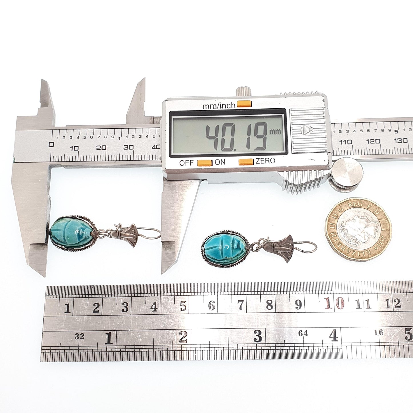 Old Vintage Solid Silver Scarab Beetle Earrings Faience Blue Carved Egyptian Revival Lotus Flower Hook Drop Insect Bug Jewelry Jewellery