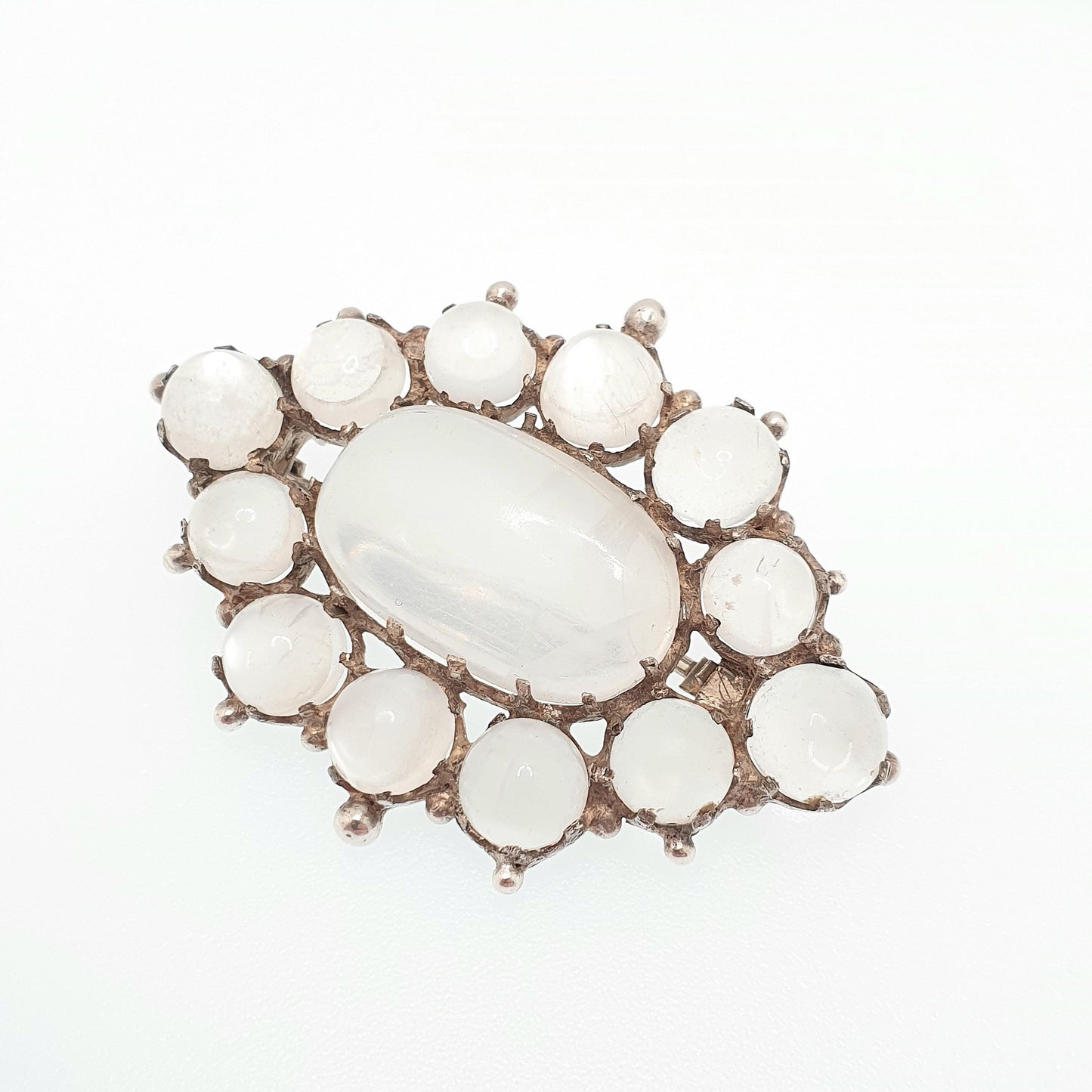 Antique Solid Silver Moonstone Brooch Victorian Large Cluster Halo Big Cabochon Cut Vintage Blue Adularescence Womens Jewelry Jewellery