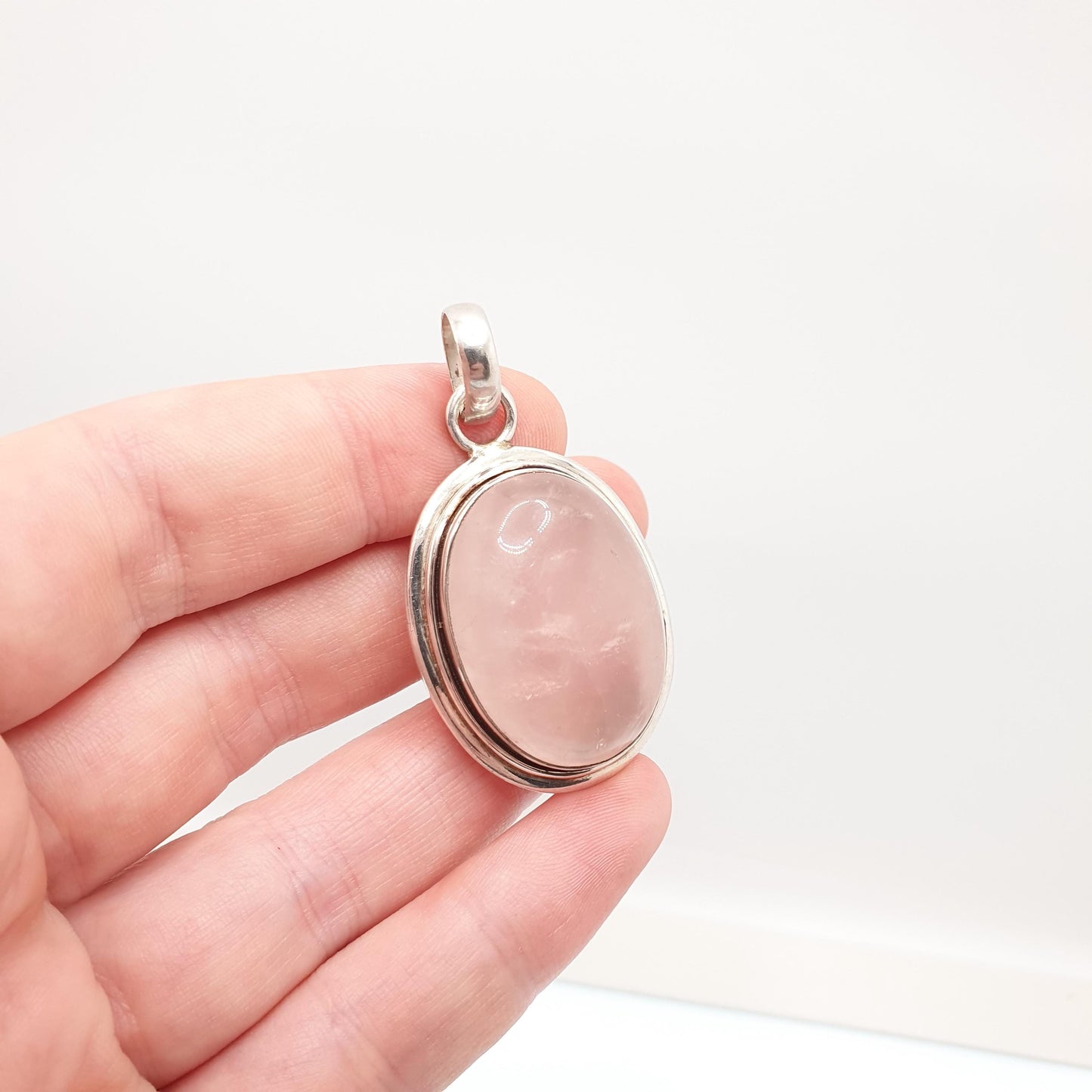 Vintage Sterling Silver Rose Quartz Necklace Pendant 1990s Large Oval Cabochon Pink Gemstone Solid 925 Jewellery Womens Jewelry Ladies
