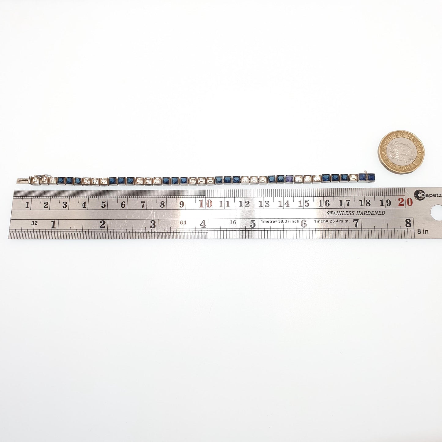 Antique Sterling Silver Sapphire & Diamond Paste Bracelet Art Deco Square Link Genuine 1920s Vintage Fancy Sparkly Jewelry Jewellery