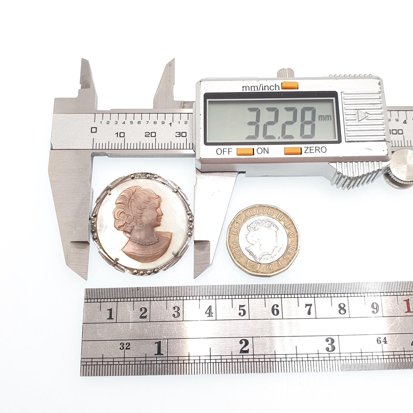 Antique Solid Silver Abalone Cameo Pendant Brooch Necklace Black White Shell Art Deco Marcasite Mother of Pearl Iridescent Womens Jewelry