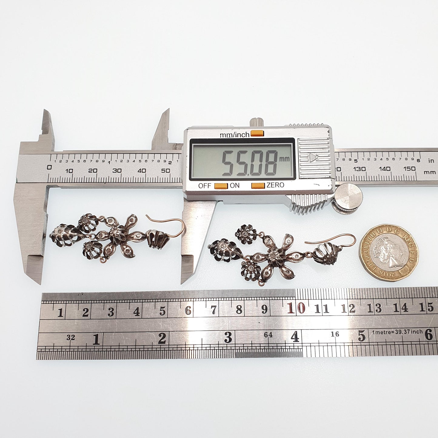 Antique Victorian 9ct Gold Diamond Earrings Solid Silver Old Mine Cut Hook Dangling Drop Chandelier Flower Cluster Vintage Jewelry Jewellery