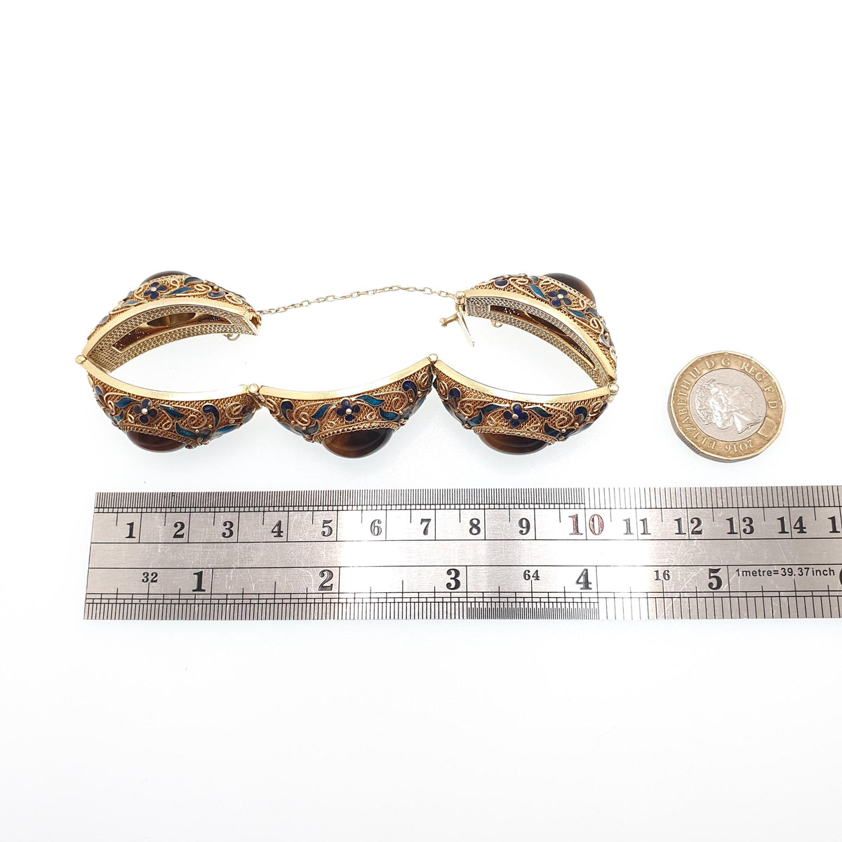 Old Vintage Chinese Solid Silver Bracelet Enamel Gold Vermeil Tiger Eye Import Filigree Heavy Large Big Ornate Womens Jewelry Jewellery