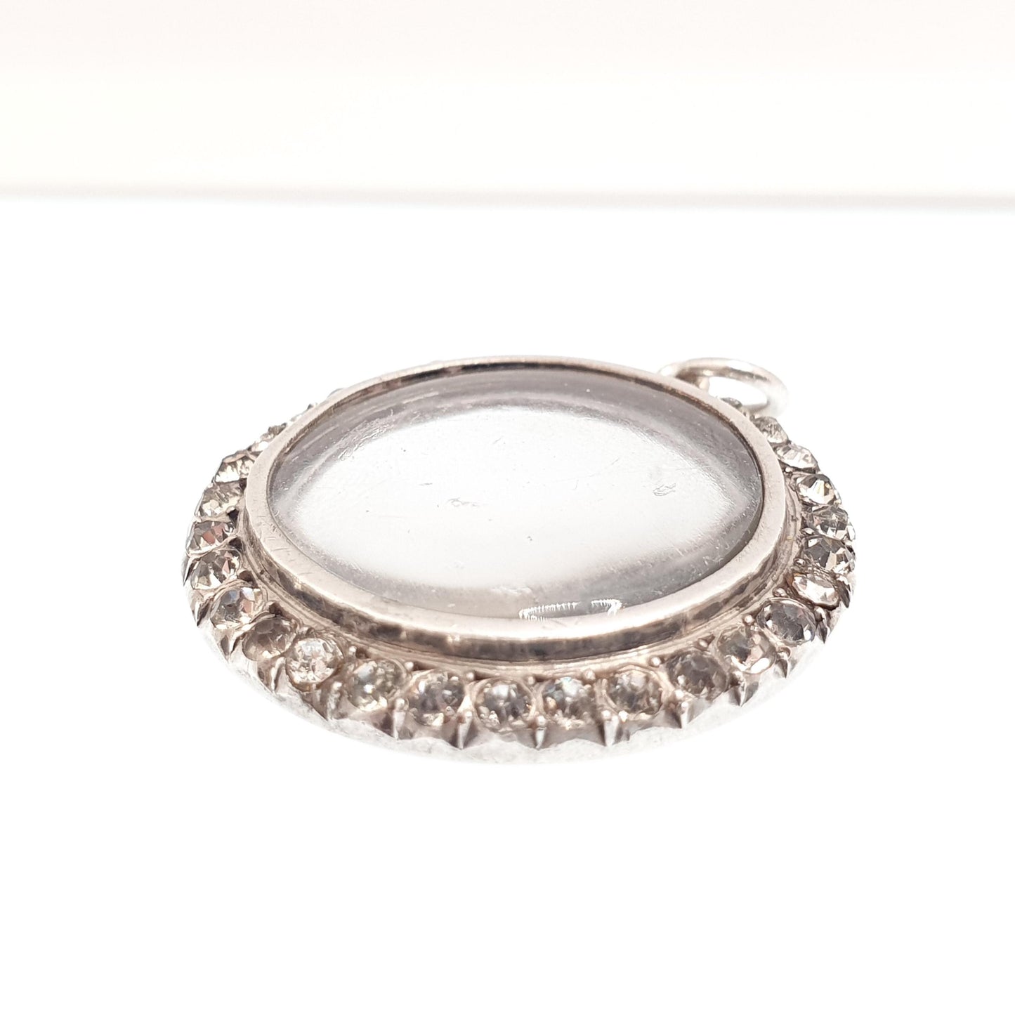 Antique Sterling Silver Locket Diamond Paste Pendant Edwardian Necklace Picture Photo Double Sided Fine Womens Vintage Jewelry Jewellery