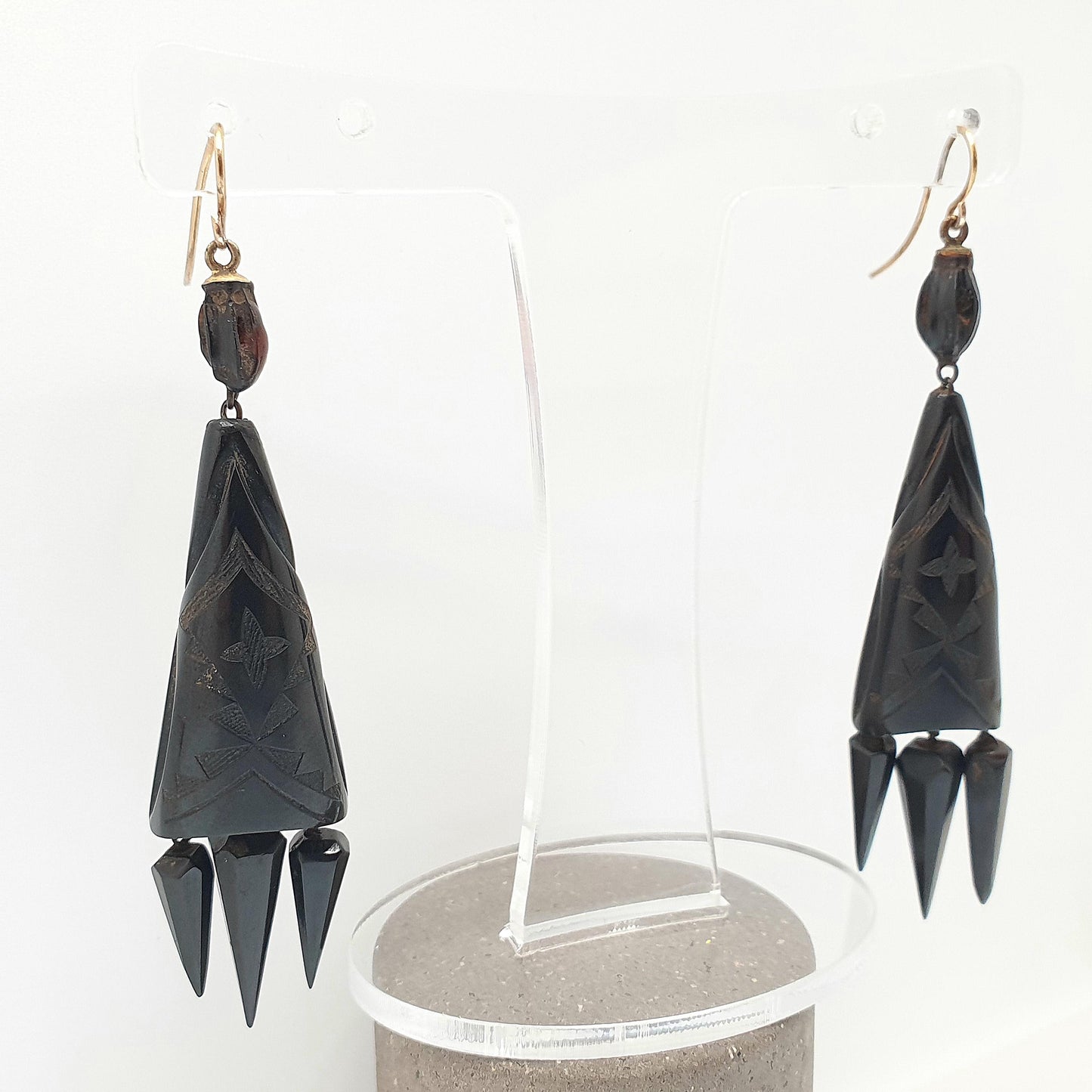 Antique Victorian Whitby Jet Tassel Earrings Pointed Hand Carved Chandelier Engraved Pendulum Hook Dangle Drop Vintage Jewelry Jewellery