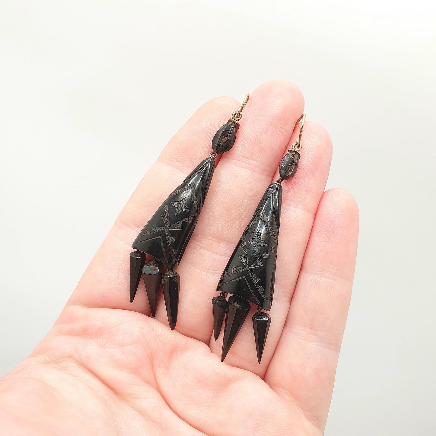 Antique Victorian Whitby Jet Tassel Earrings Pointed Hand Carved Chandelier Engraved Pendulum Hook Dangle Drop Vintage Jewelry Jewellery