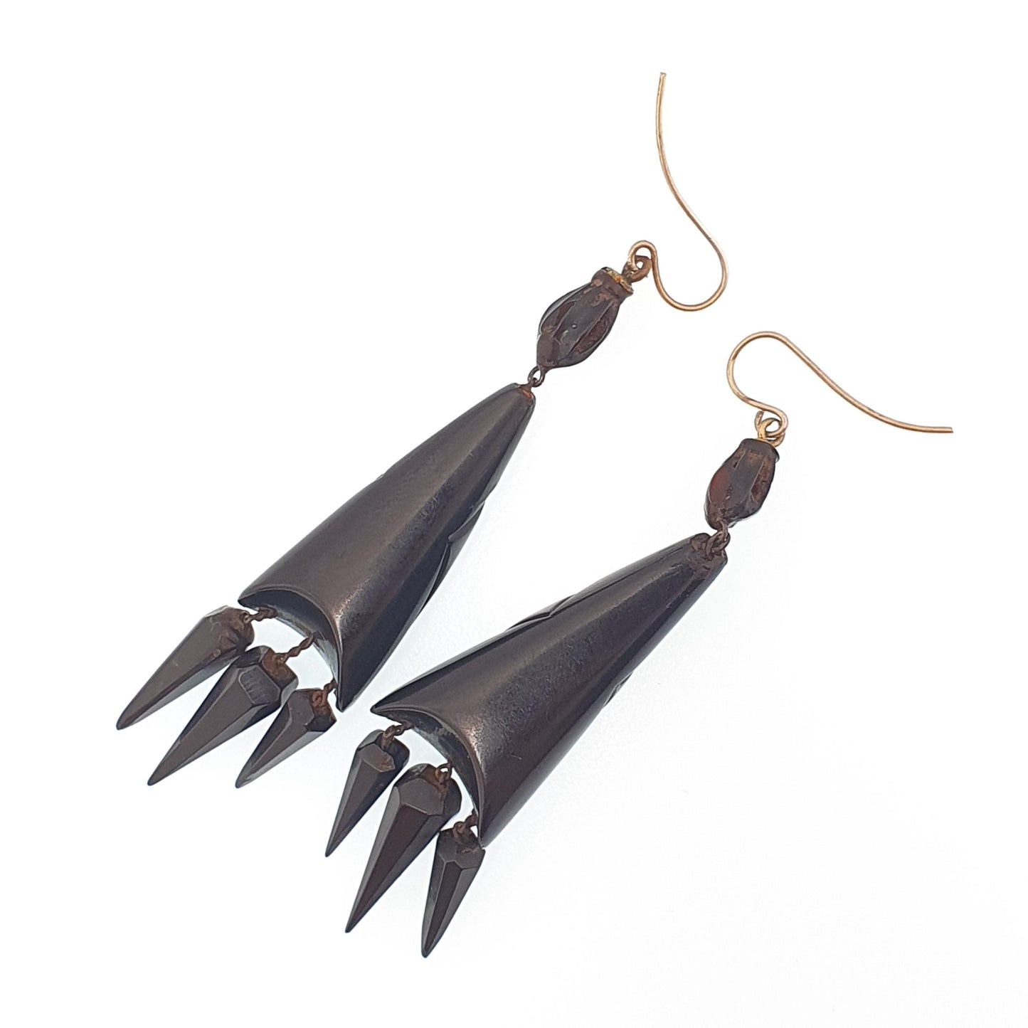 Antique Victorian Whitby Jet Tassel Earrings Pointed Hand Carved Chandelier Engraved Pendulum Hook Dangle Drop Vintage Jewelry Jewellery