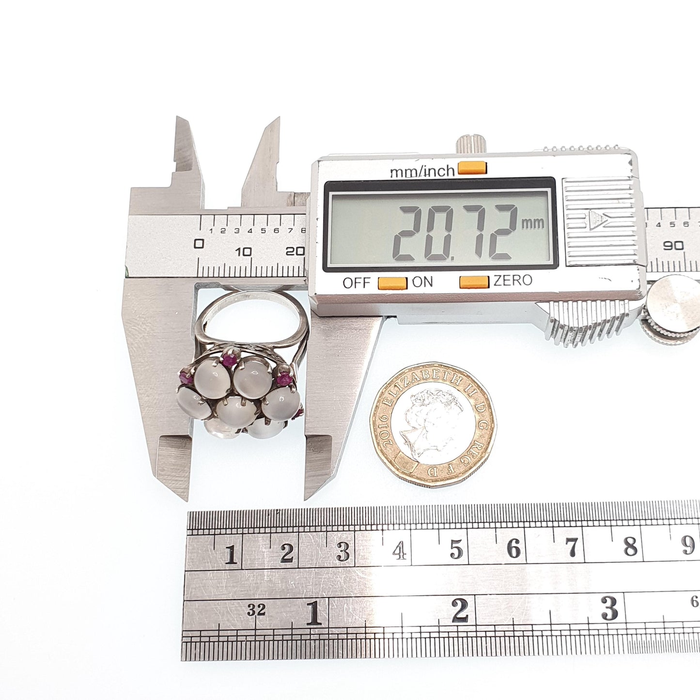 Antique Solid Silver Moonstone Ring Ruby Cluster Huge Chunky Edwardian Genuine Real Gemstone Halo Vintage Fine Estate Womens Jewelry