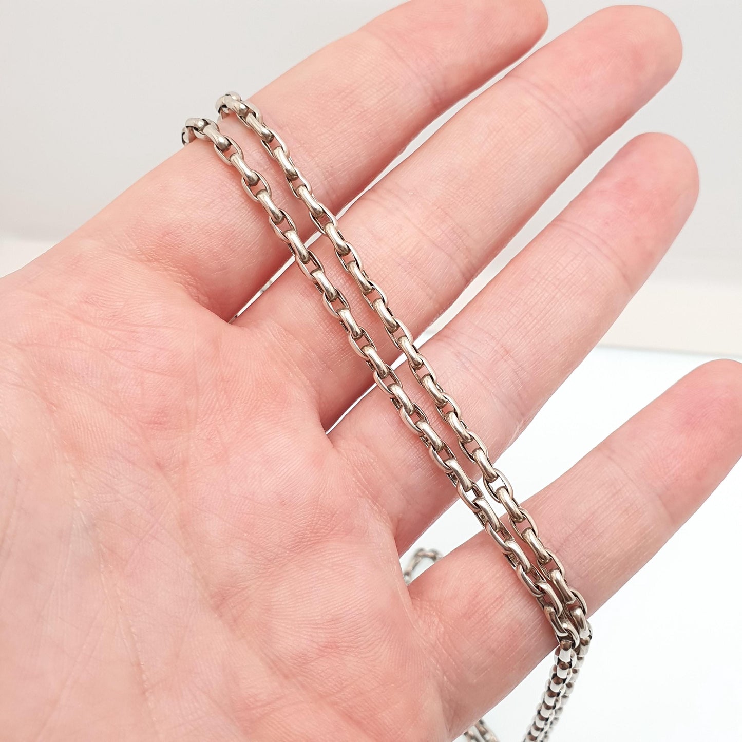 Antique Victorian Solid Silver Chain Necklace Belcher Oval Cable Link Long 77cm 30.3" 15.11g Vintage Dog Clip Womens Jewellery Jewelry