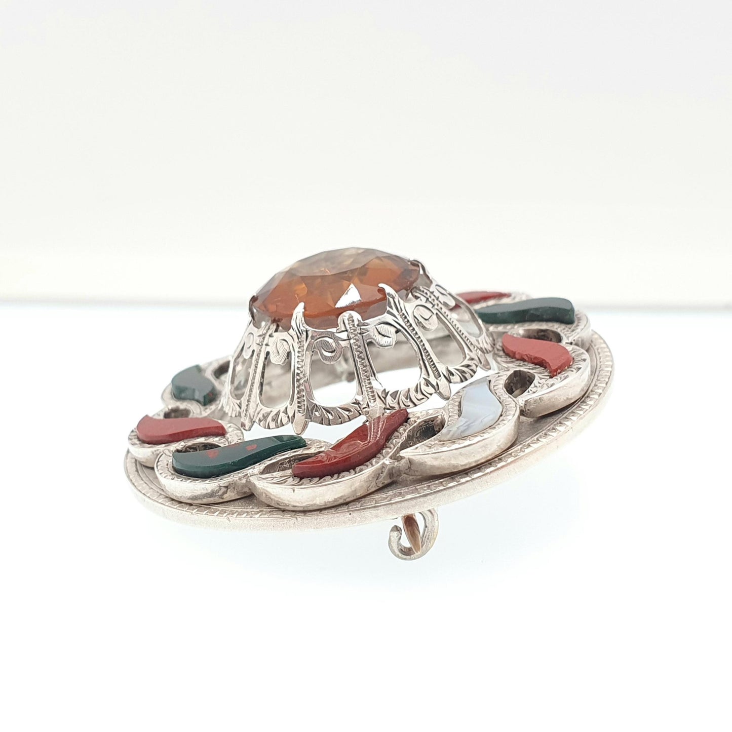Antique Scottish Sterling Silver Citrine Brooch Pin Bloodstone Large Big Jasper Lace Agate Victorian Gemstone Jewelry Jewellery Old Vintage