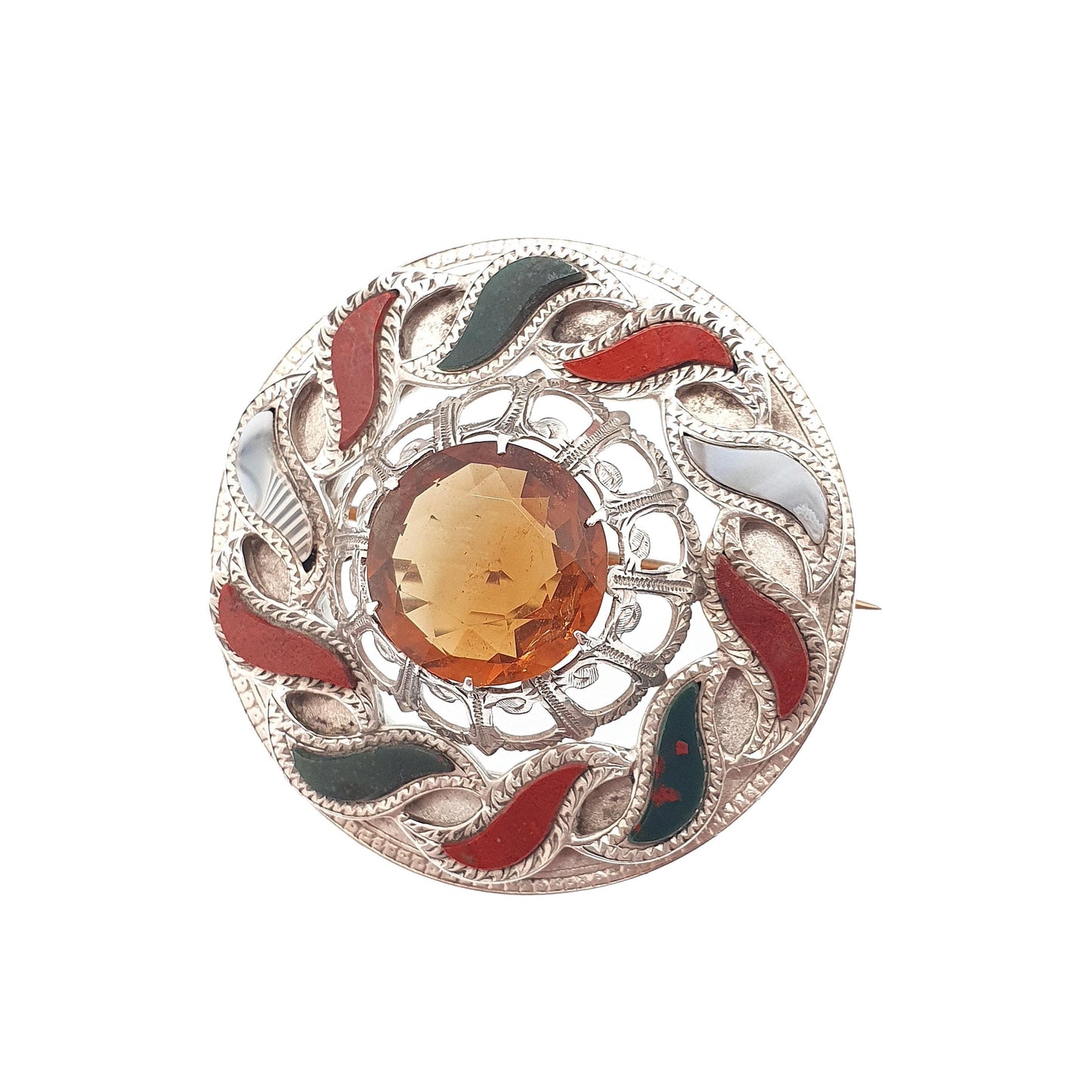 Antique Scottish Sterling Silver Citrine Brooch Pin Bloodstone Large Big Jasper Lace Agate Victorian Gemstone Jewelry Jewellery Old Vintage
