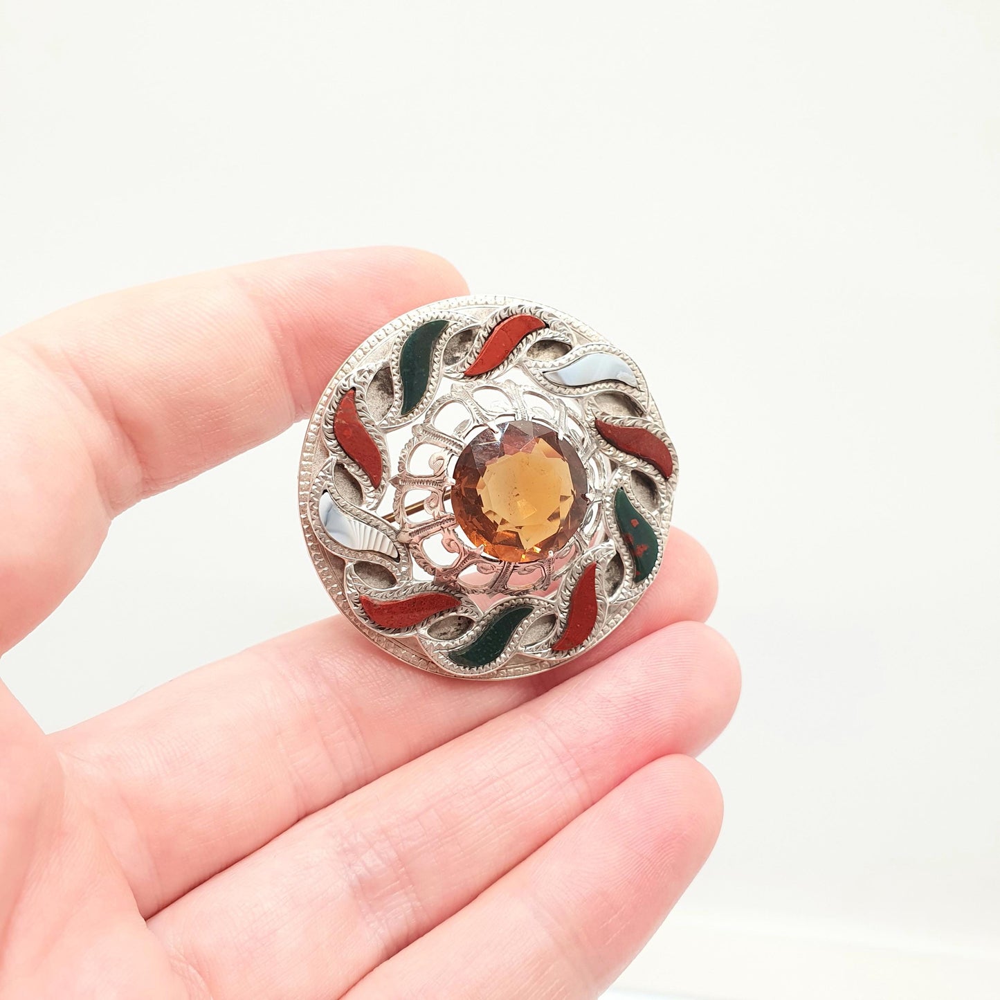 Antique Scottish Sterling Silver Citrine Brooch Pin Bloodstone Large Big Jasper Lace Agate Victorian Gemstone Jewelry Jewellery Old Vintage