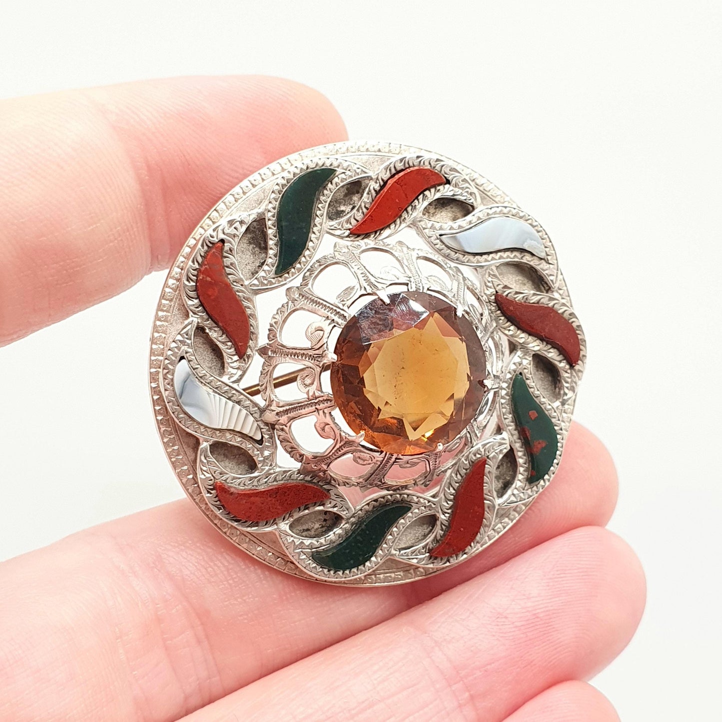 Antique Scottish Sterling Silver Citrine Brooch Pin Bloodstone Large Big Jasper Lace Agate Victorian Gemstone Jewelry Jewellery Old Vintage