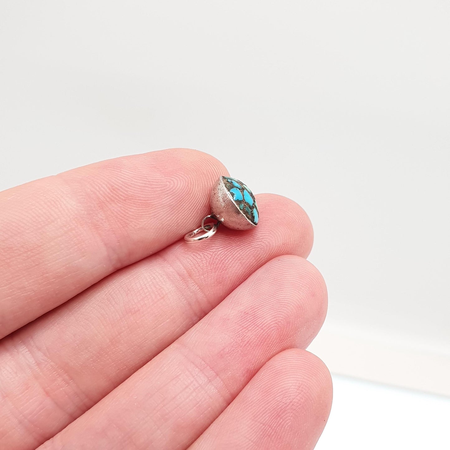 Antique Victorian Turquoise Solid Silver Pendant Old Button or Cuff Link Necklace Mosaic Matrix Natural Round Vintage Jewelry Jewellery
