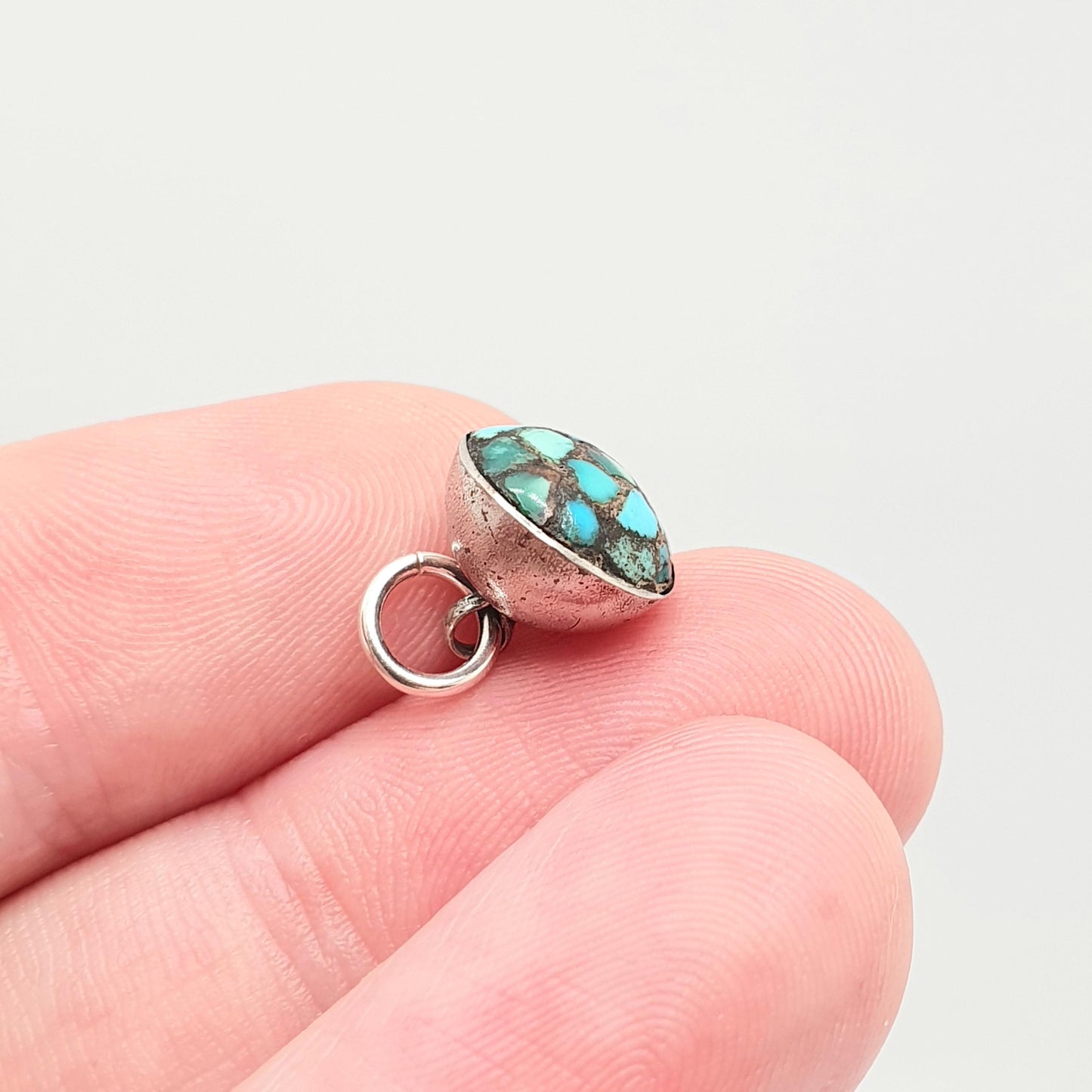 Antique Victorian Turquoise Solid Silver Pendant Old Button or Cuff Link Necklace Mosaic Matrix Natural Round Vintage Jewelry Jewellery