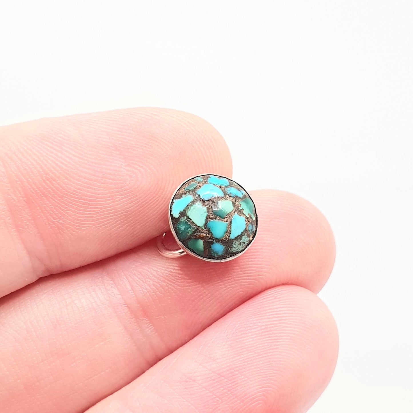 Antique Victorian Turquoise Solid Silver Pendant Old Button or Cuff Link Necklace Mosaic Matrix Natural Round Vintage Jewelry Jewellery