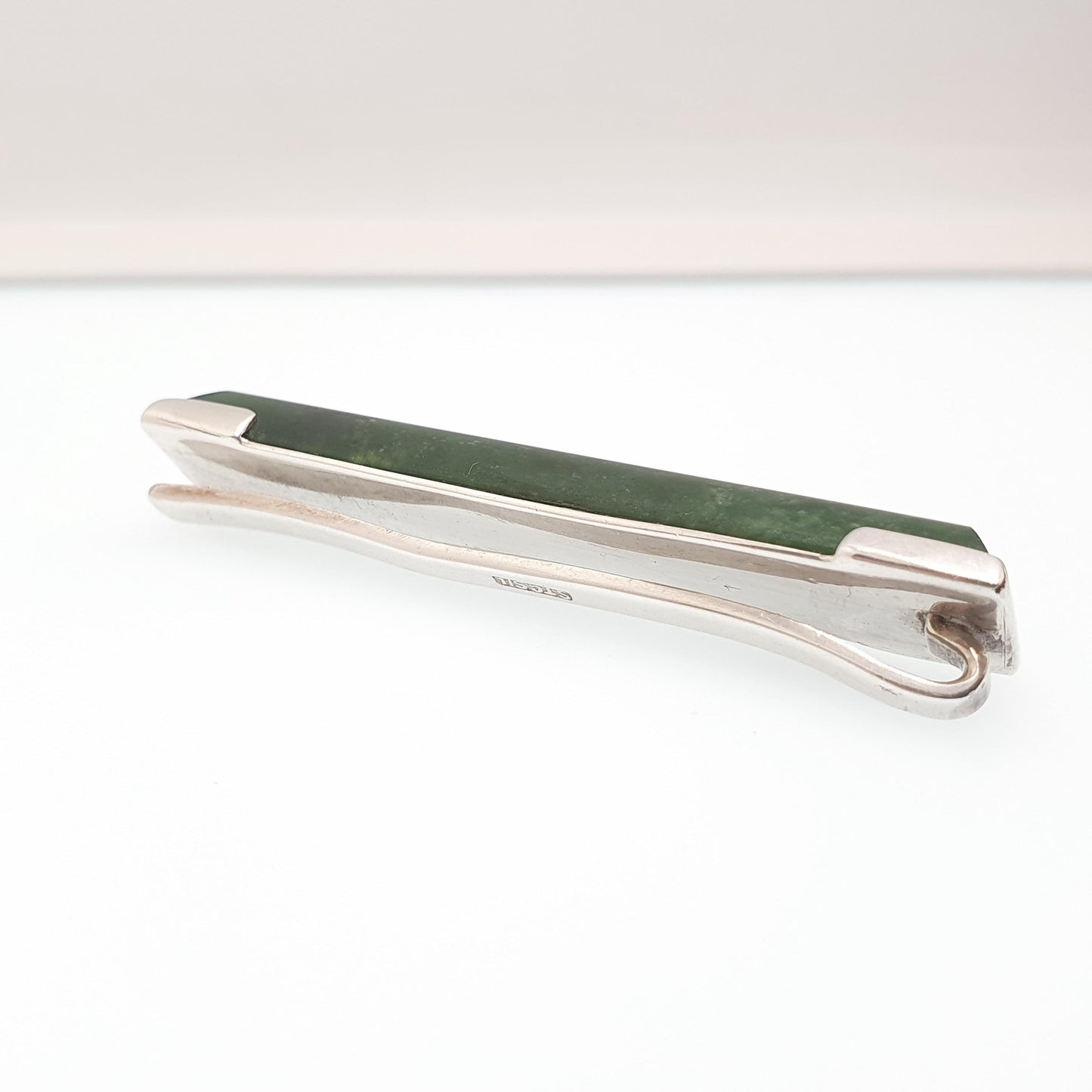 Antique Sterling Silver Nephrite Jade Tie Clip New Zealand Jadeite Rectangular Bar 1920s Art Deco Fine Estate Mens Gents Jewelry Jewellery