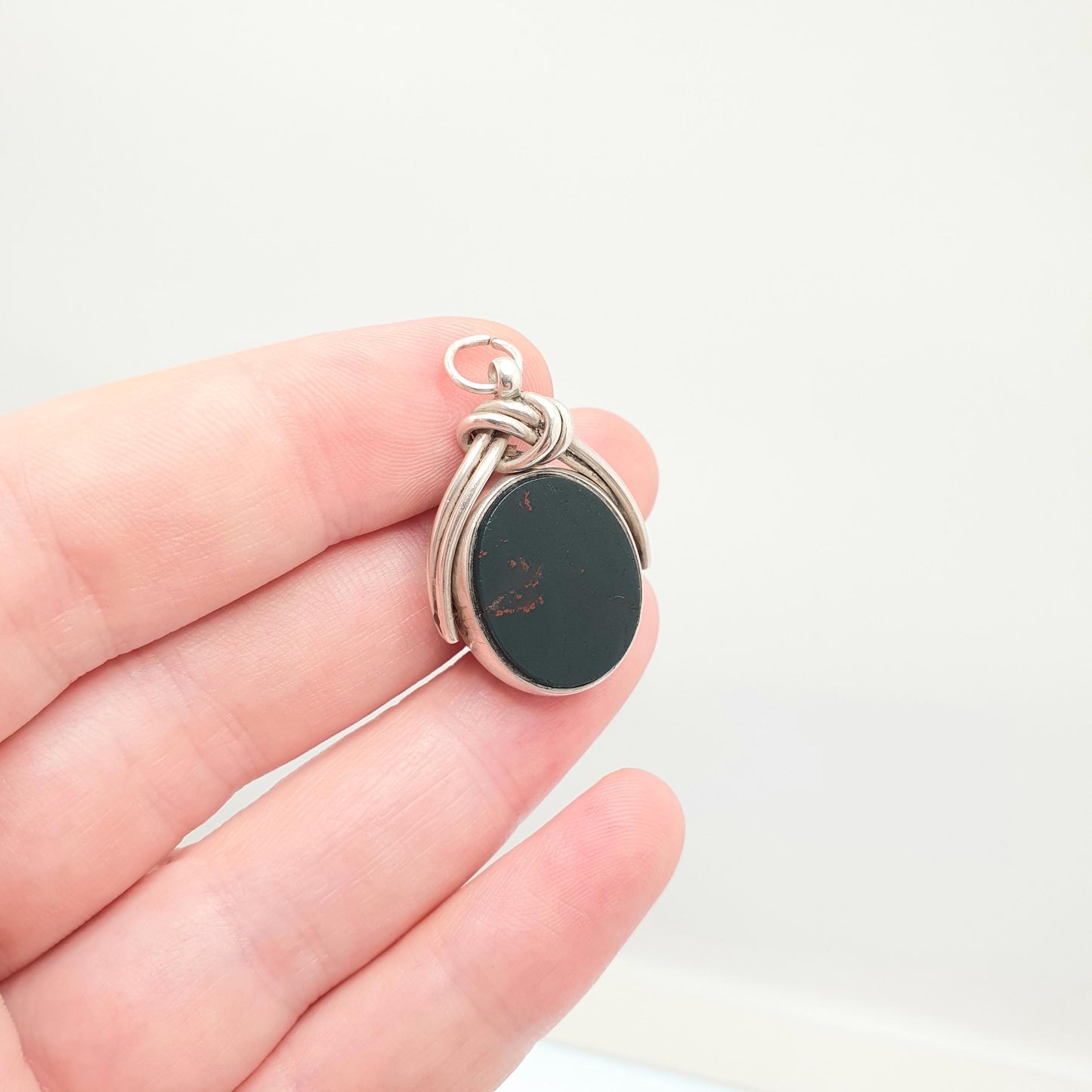 Antique Victorian Sterling Silver Spinner Bloodstone Fob Necklace Pendant Carnelian Oval Gemstone Vintage Mens Womens Jewelry Jewellery