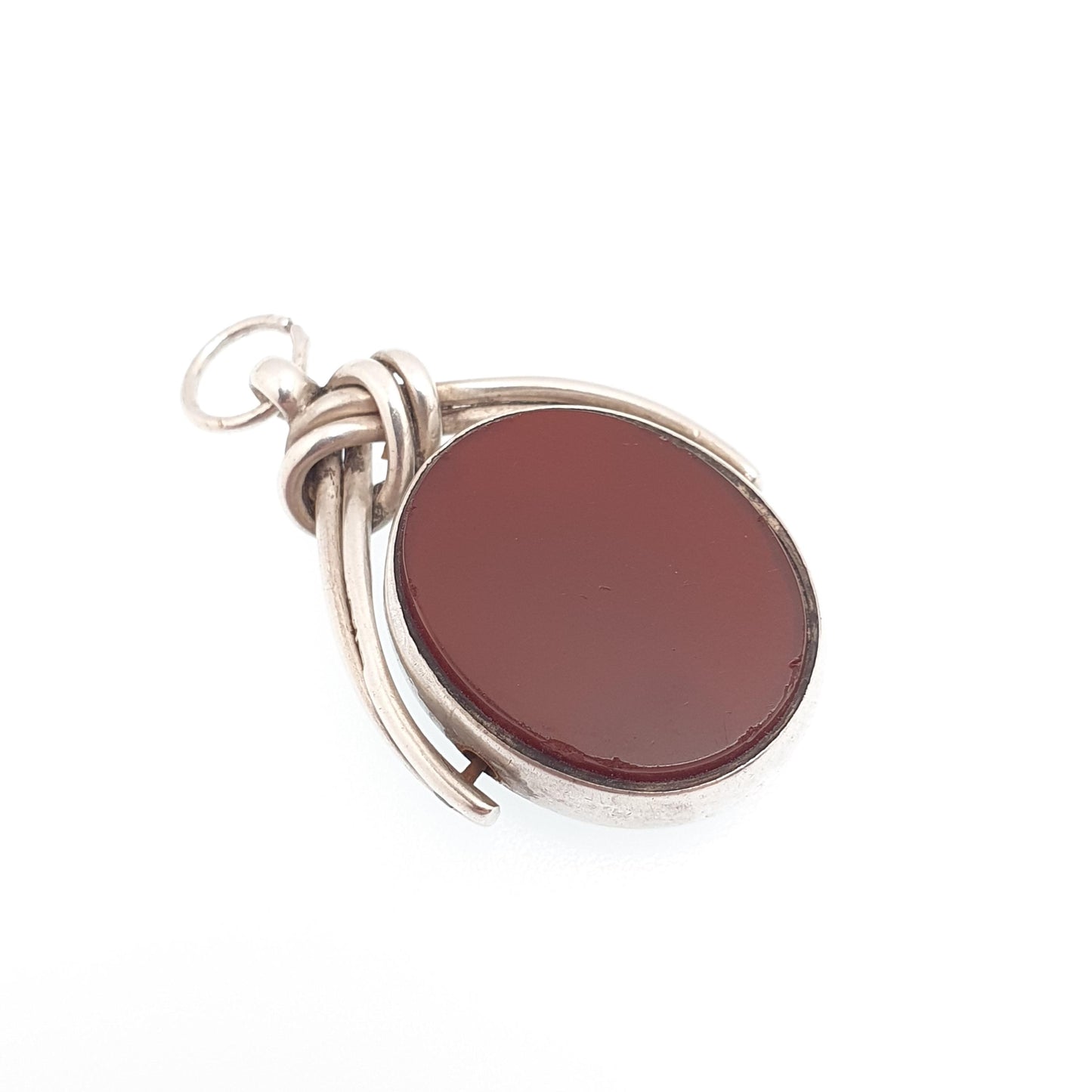 Antique Victorian Sterling Silver Spinner Bloodstone Fob Necklace Pendant Carnelian Oval Gemstone Vintage Mens Womens Jewelry Jewellery
