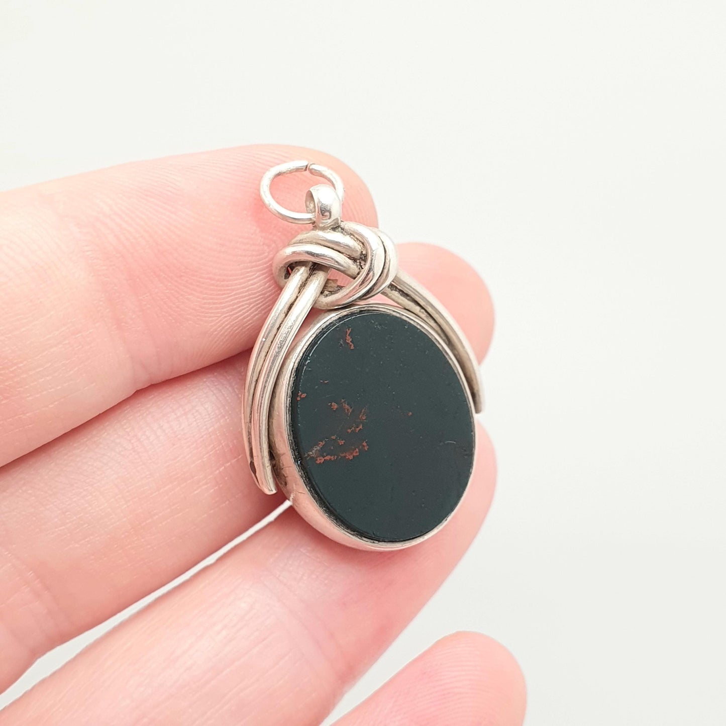 Antique Victorian Sterling Silver Spinner Bloodstone Fob Necklace Pendant Carnelian Oval Gemstone Vintage Mens Womens Jewelry Jewellery