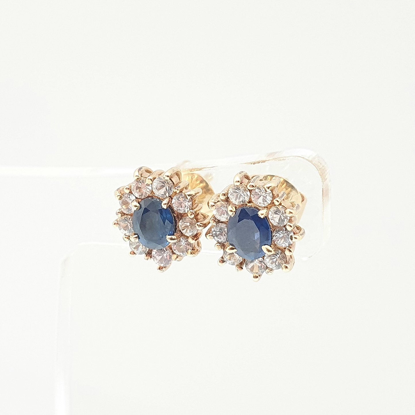 Vintage 18ct Gold Sapphire Earrings Solid 750 18k 18kt Cluster Halo Oval Cut Stud White Blue Gemstone Fine Estate Womens Jewelry Jewellery