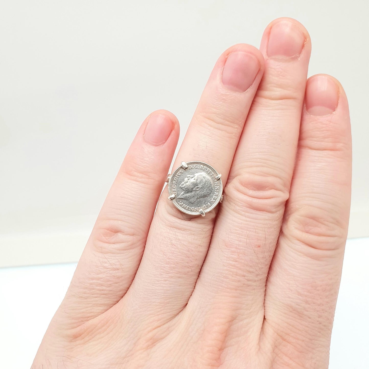 Old Vintage Solid Silver Coin Signet Ring Threepence Coins British Great Britain 1930s Mens Large Big Retro Womens Jewelry Jewellery