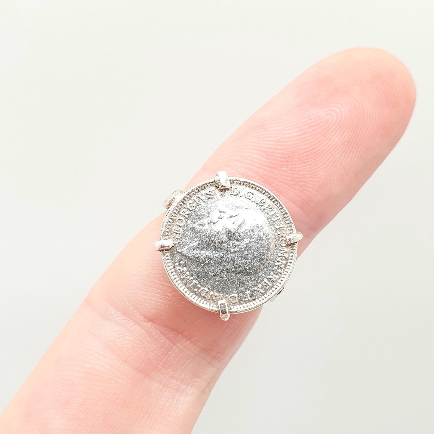 Old Vintage Solid Silver Coin Signet Ring Threepence Coins British Great Britain 1930s Mens Large Big Retro Womens Jewelry Jewellery