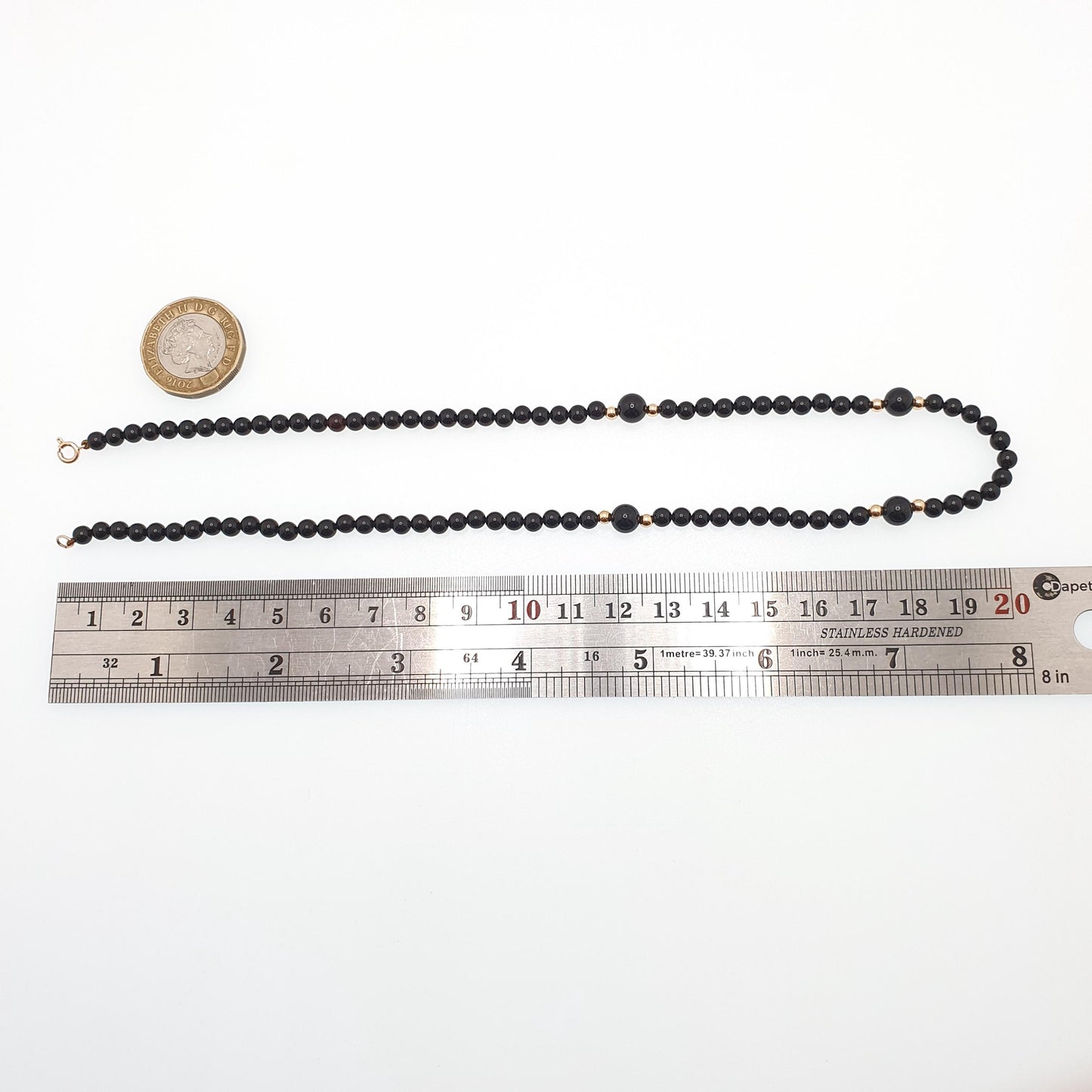 Vintage 14k 14kt Gold Onyx Bead Necklace Black Gemstone Yellow 41cm 9.85g Solid Gold 14ct Carat Ladies Retro 1980s Womens Jewelry Jewellery