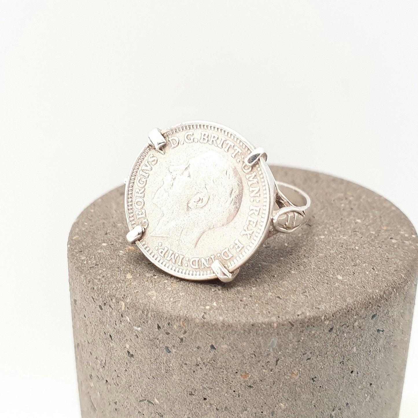 Old Vintage Solid Silver Coin Signet Ring Threepence Coins British Great Britain 1930s Mens Large Big Retro Womens Jewelry Jewellery