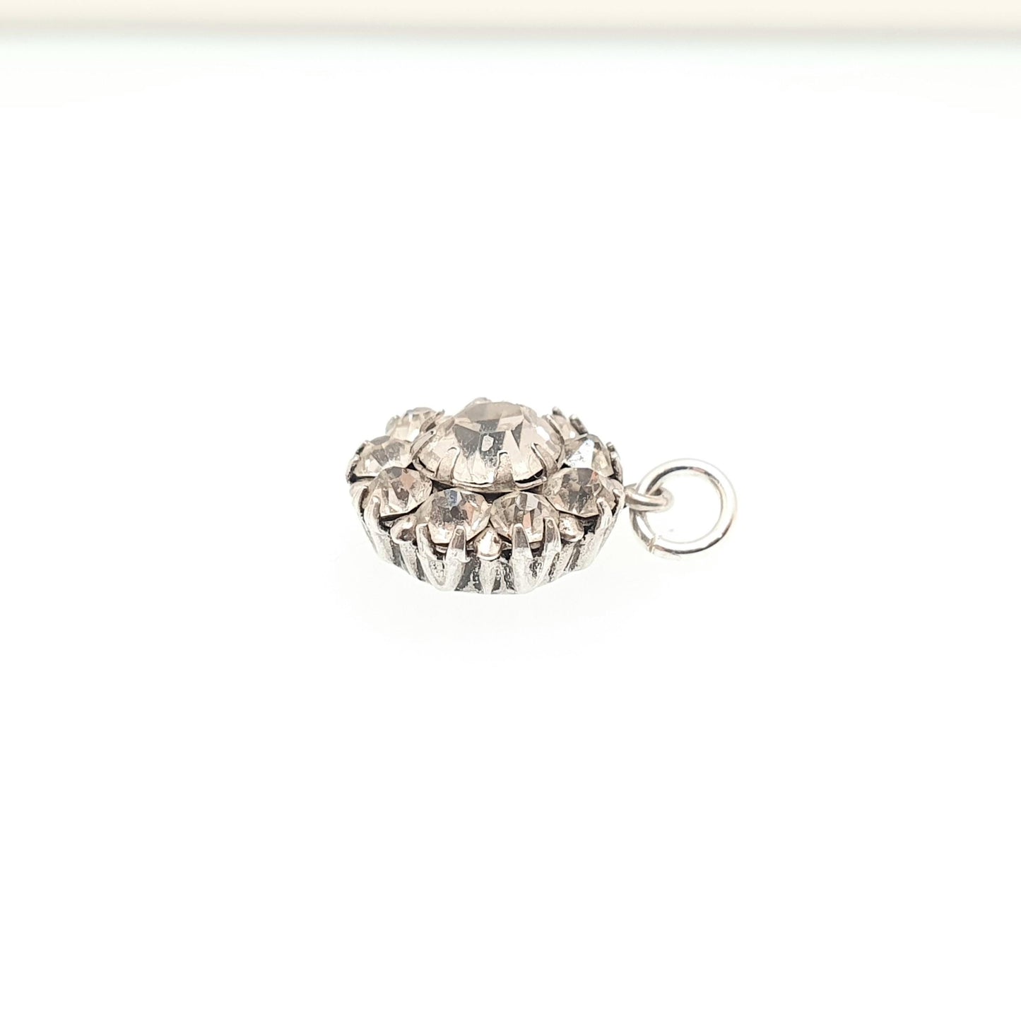 Antique Solid Silver Diamond Paste Pendant Cluster Necklace Small Tiny Flower Art Deco Shape Sparkly Glass Gemstone 1920s Vintage Jewelry