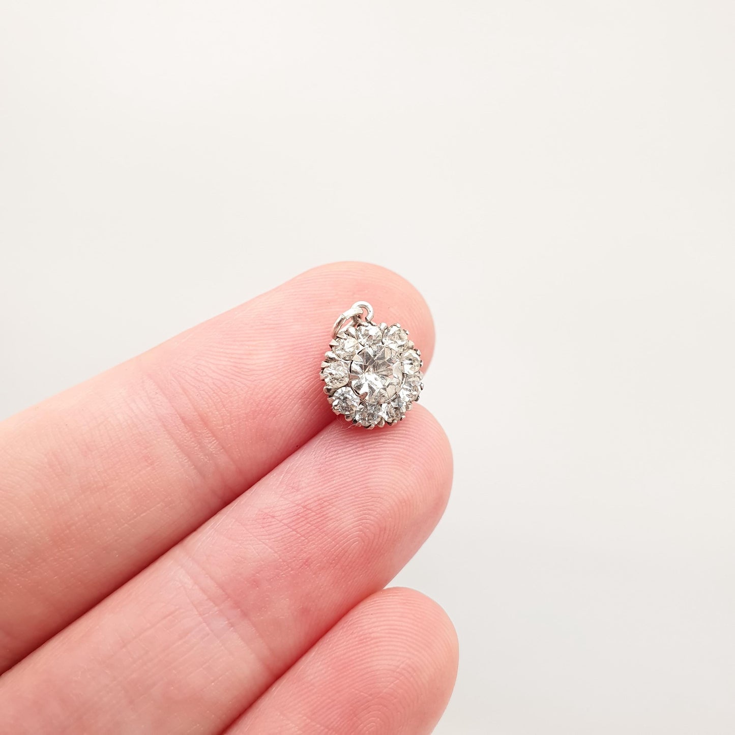 Antique Solid Silver Diamond Paste Pendant Cluster Necklace Small Tiny Flower Art Deco Shape Sparkly Glass Gemstone 1920s Vintage Jewelry